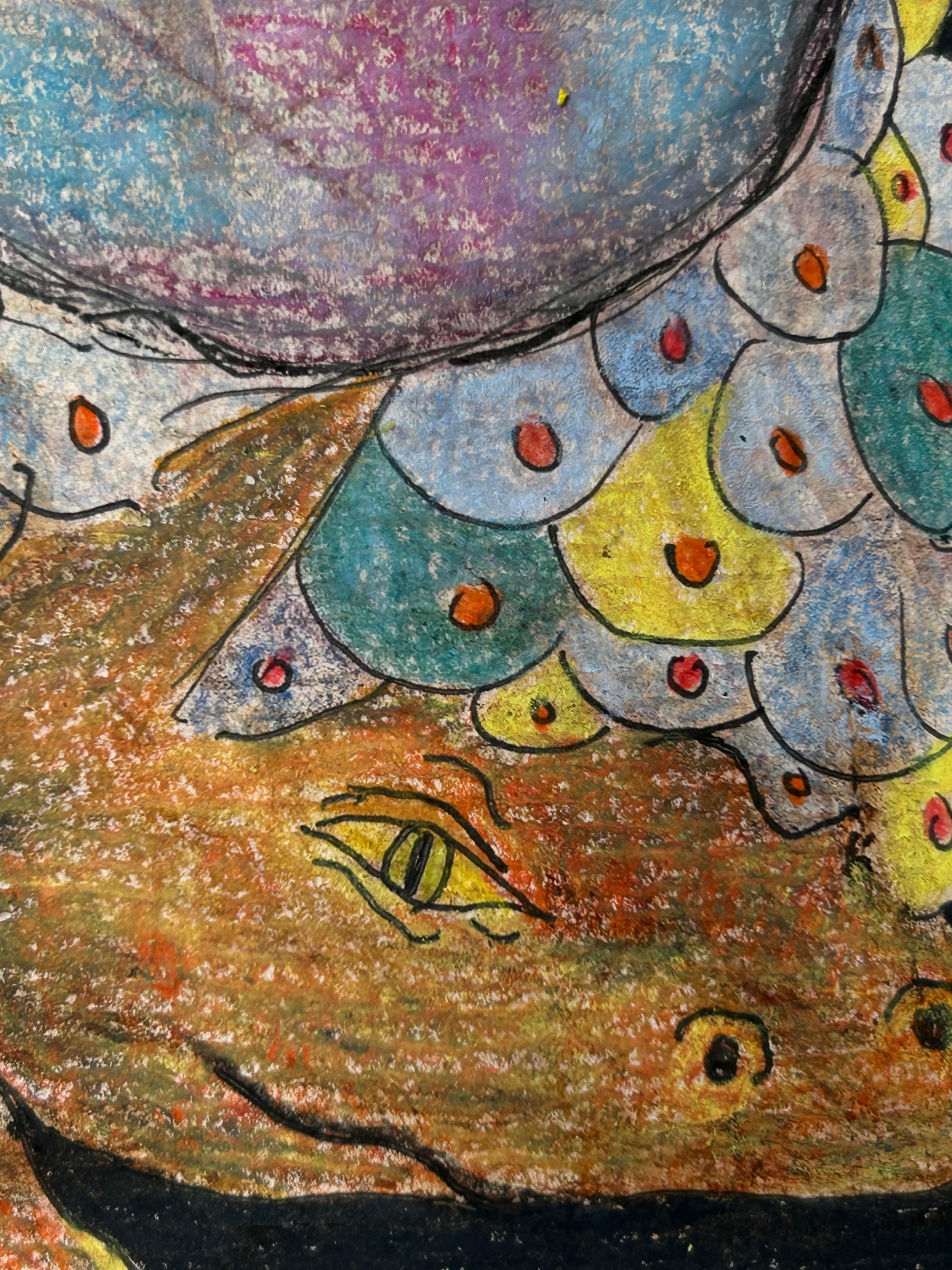 Ölpastell, Bleistift, Blütenblätter, Farbe und Tinte auf Papier.

Ich verwende natürliche Farben von Blumen, Kräutern, Blättern und Baumrinde als ersten Zeichenprozess, dann zeichne ich auf dieser Oberfläche die Figuren mit einem Kugelschreiber und