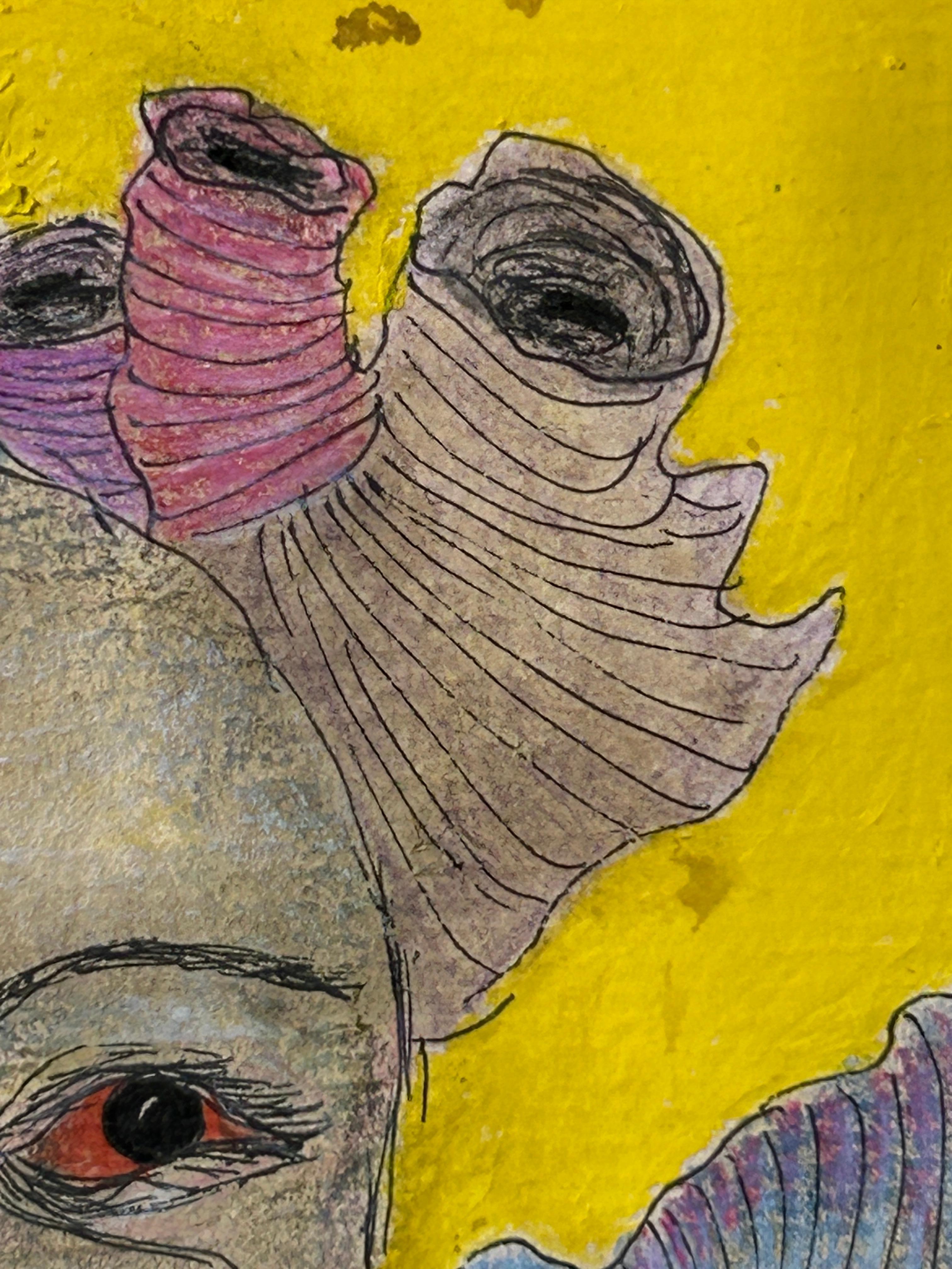 Ölpastell, Bleistift, Blütenblätter, Farbe und Tinte auf Papier.

Ich verwende natürliche Farben von Blumen, Kräutern, Blättern und Baumrinde als ersten Zeichenprozess, dann zeichne ich auf dieser Oberfläche die Figuren mit einem Kugelschreiber und