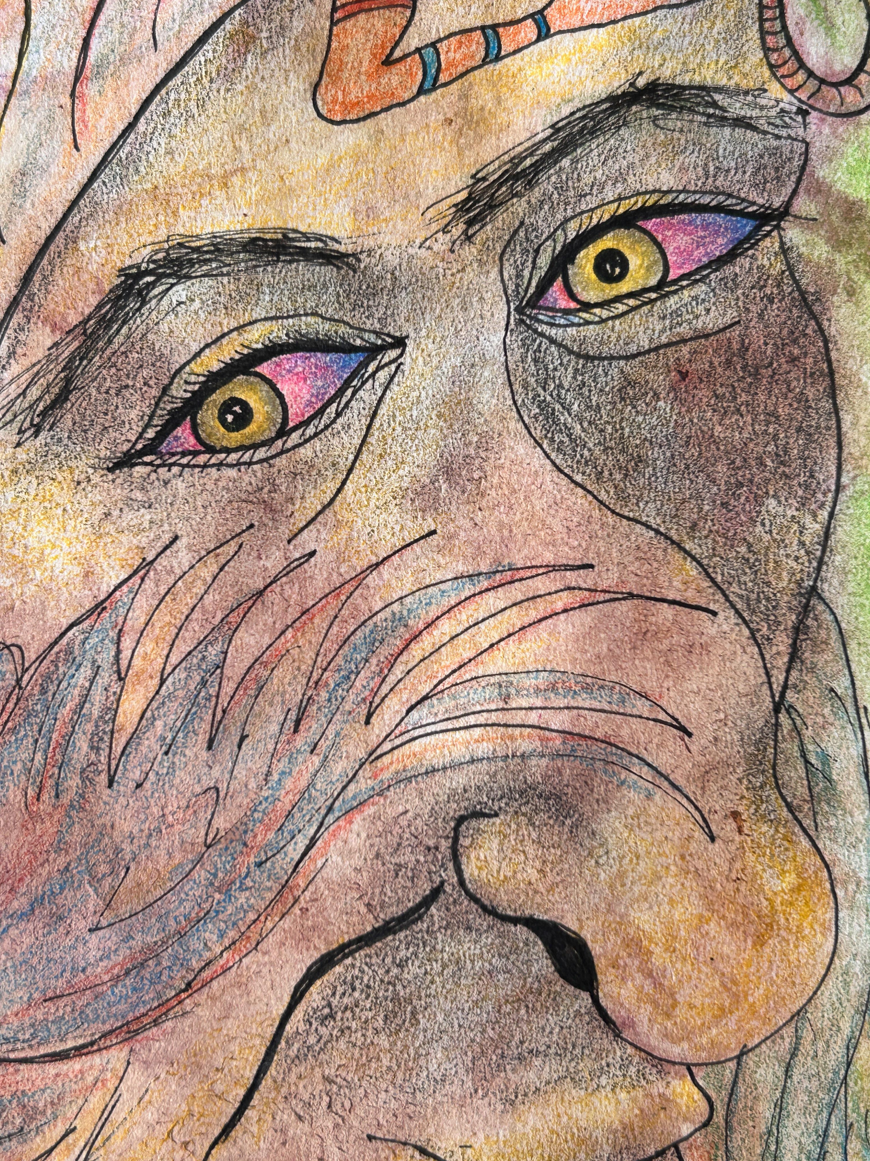 Pastel, Pencil, Petal Flowers, Color and Ink on Paper.

The base of this drawing is 120g/m2 Fabriano paper. I use natural dyes from flowers, herbs, leaves, and tree bark as the first drawing process, then on this surface I draw the figures with a