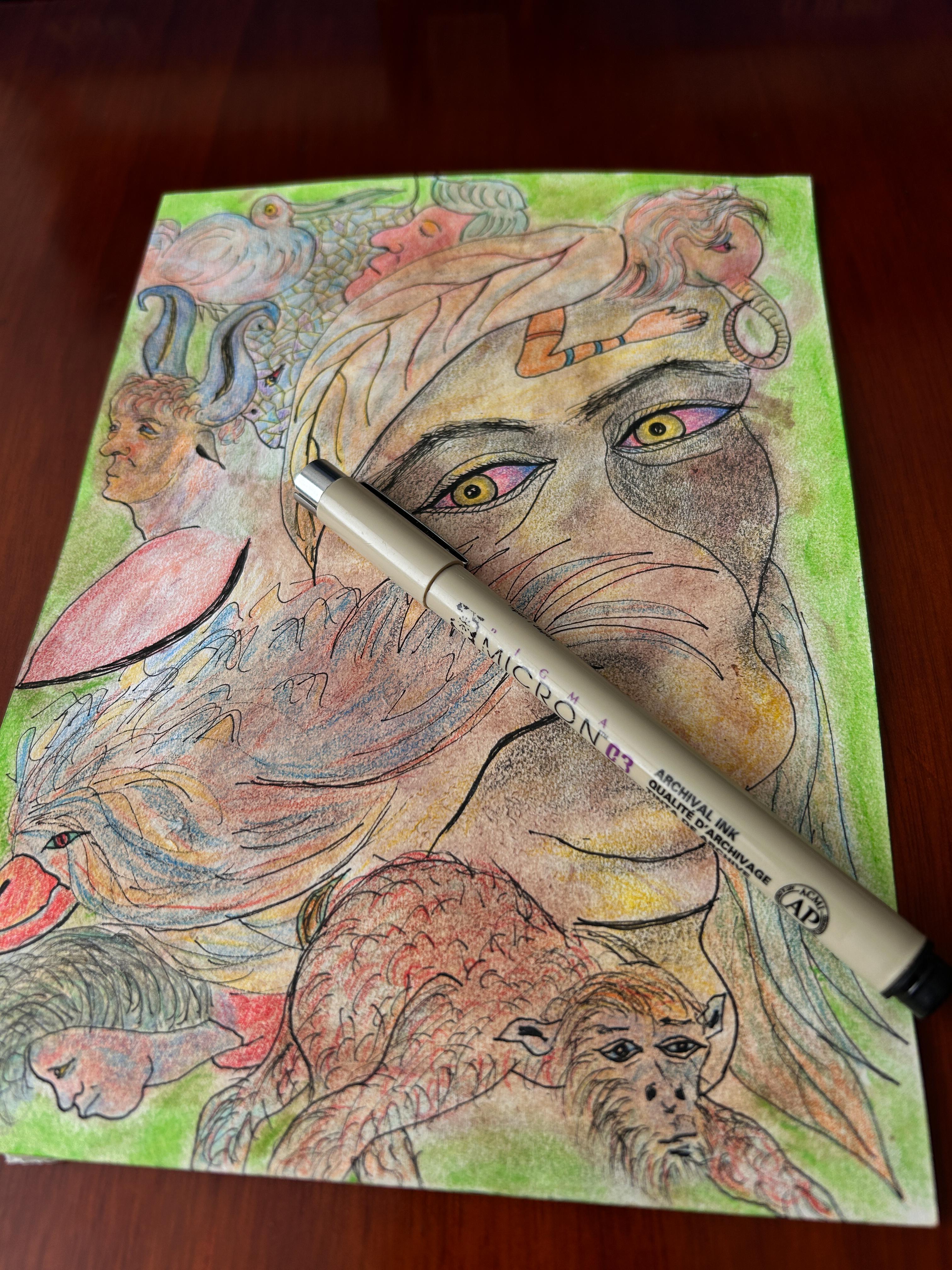 Drawing, Pastel, Ink and Colored Pencils. 