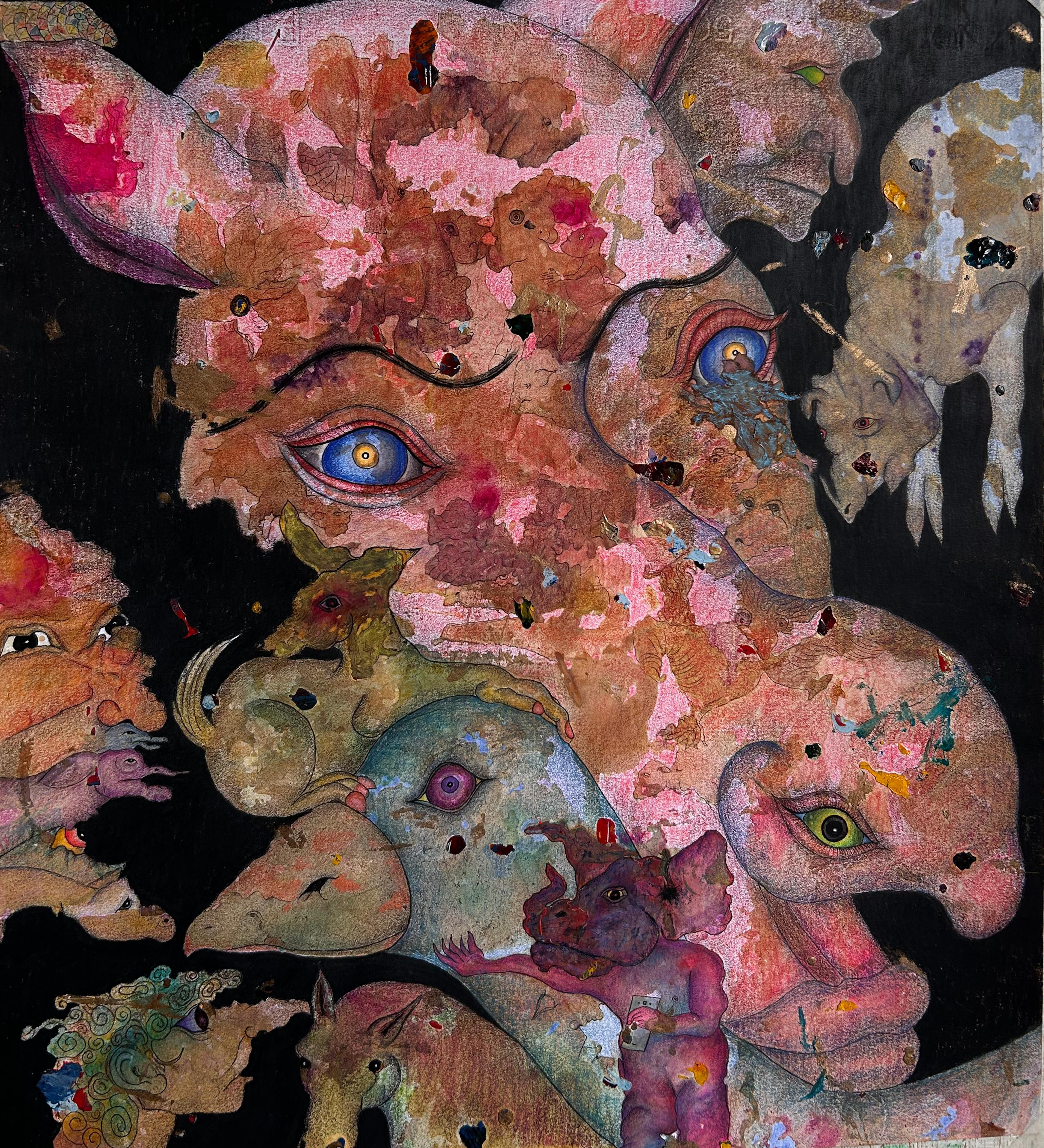 Disegno contemporaneo "L'essenziale". Pastello, inchiostro e matite colorate