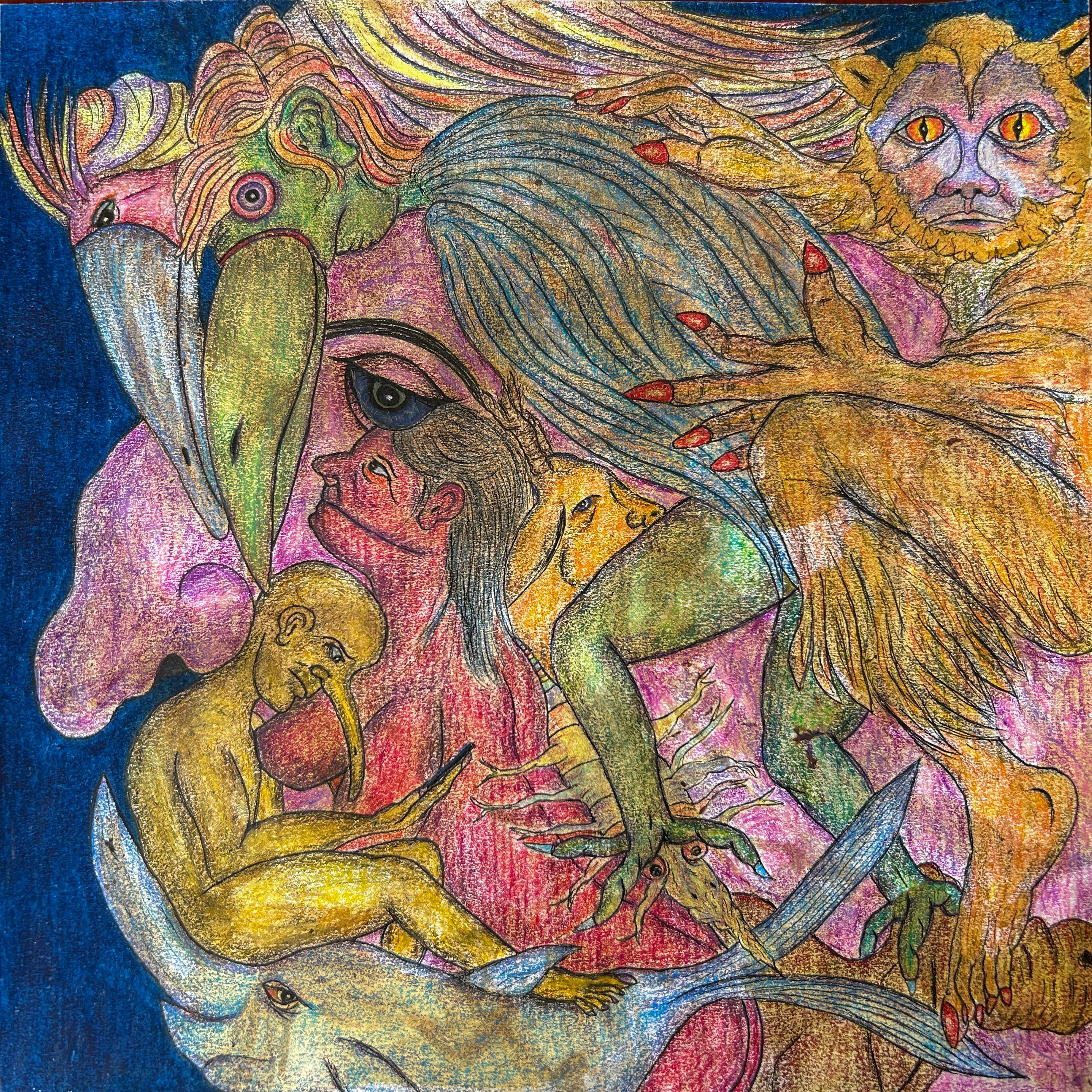 Drawing, Oil Bar, Ink and Colored Pencils. "The Gifts of Patience"