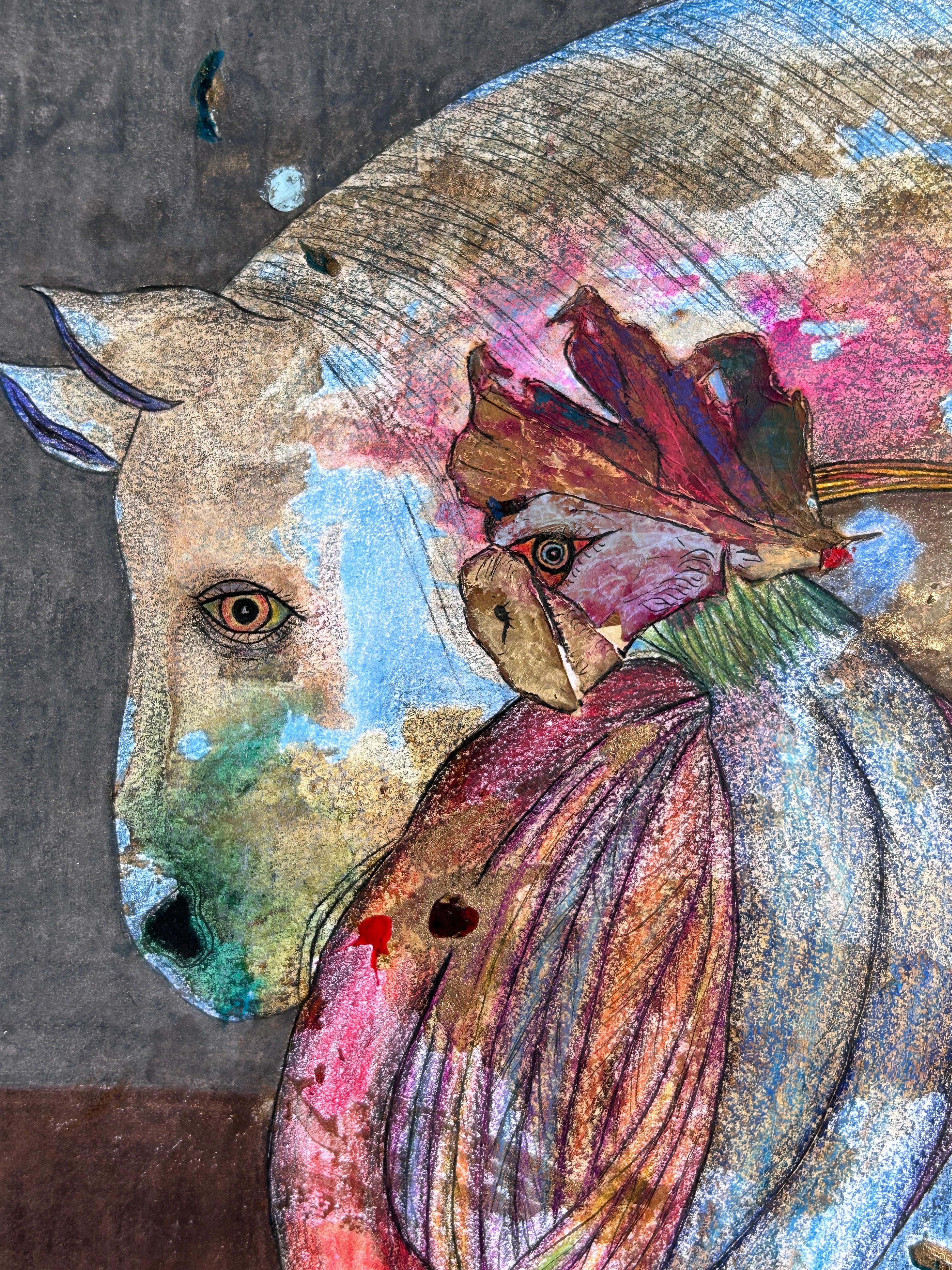 Dessin à l'encre, crayons de couleur et pastel à l'huile sur papier. 