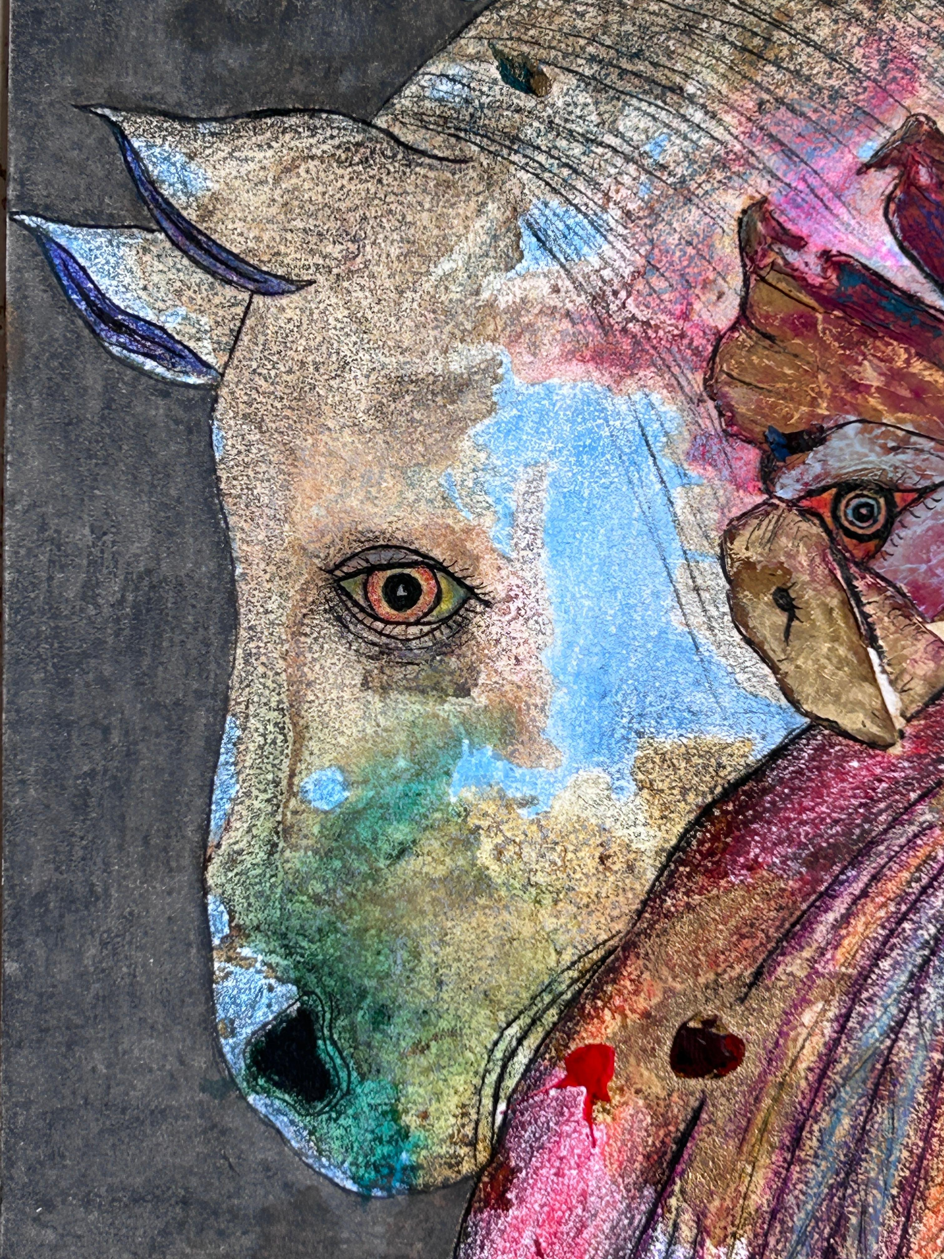 Dessin à l'encre, crayons de couleur et pastel à l'huile sur papier. 