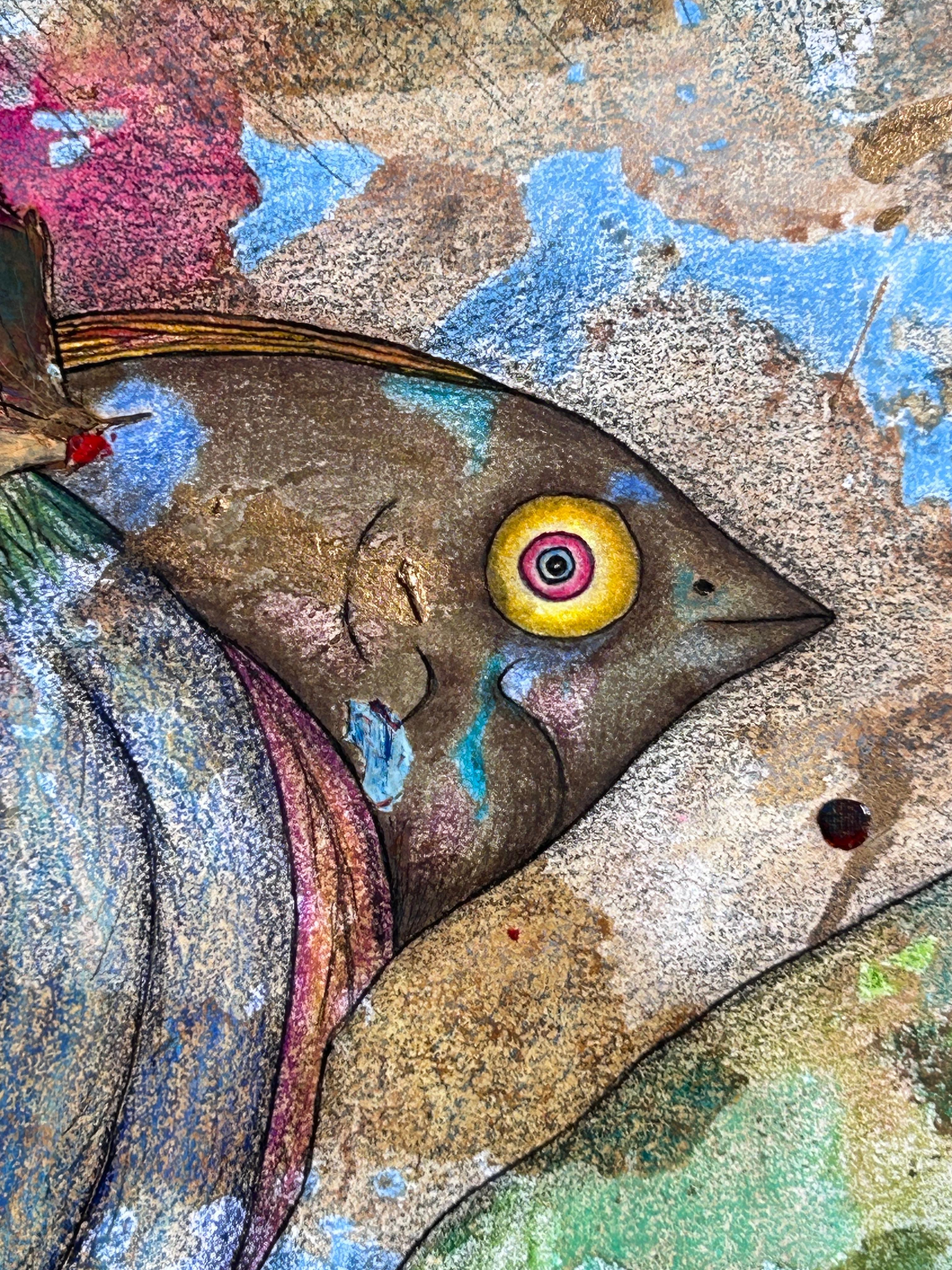 Dessin à l'encre, crayons de couleur et pastel à l'huile sur papier. 