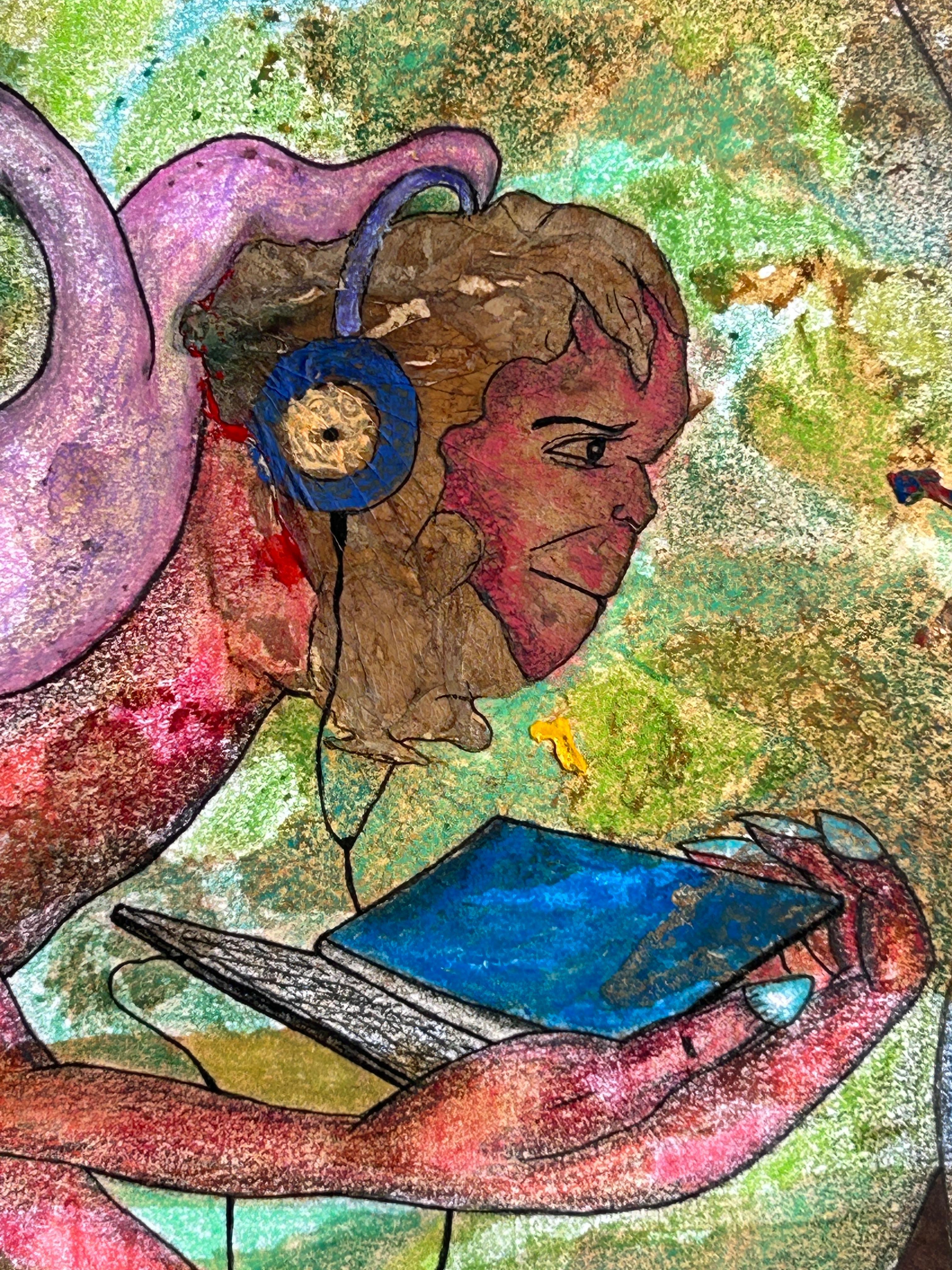 Dessin à l'encre, crayons de couleur et pastel à l'huile sur papier. 