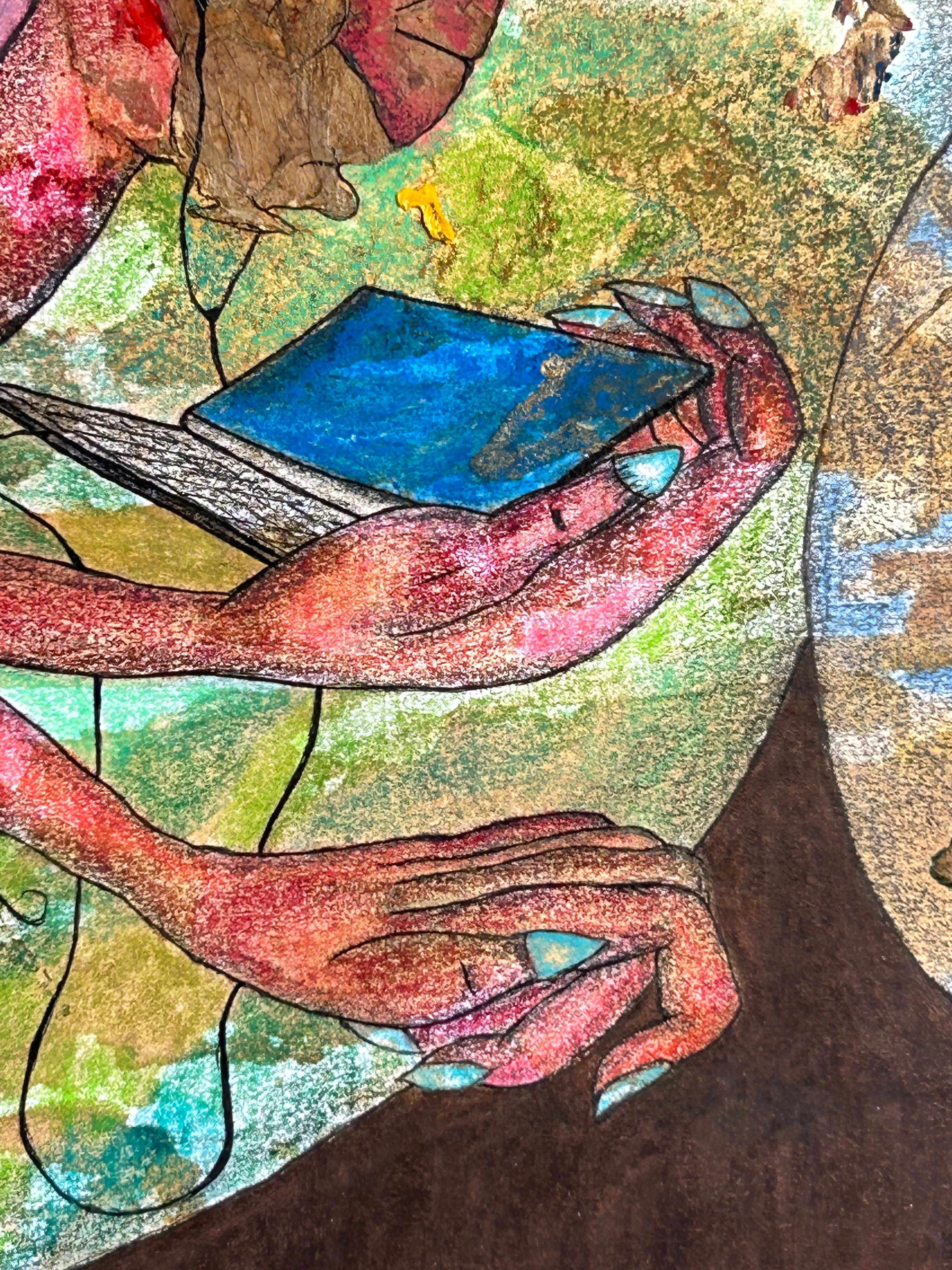 Dessin à l'encre, crayons de couleur et pastel à l'huile sur papier. 