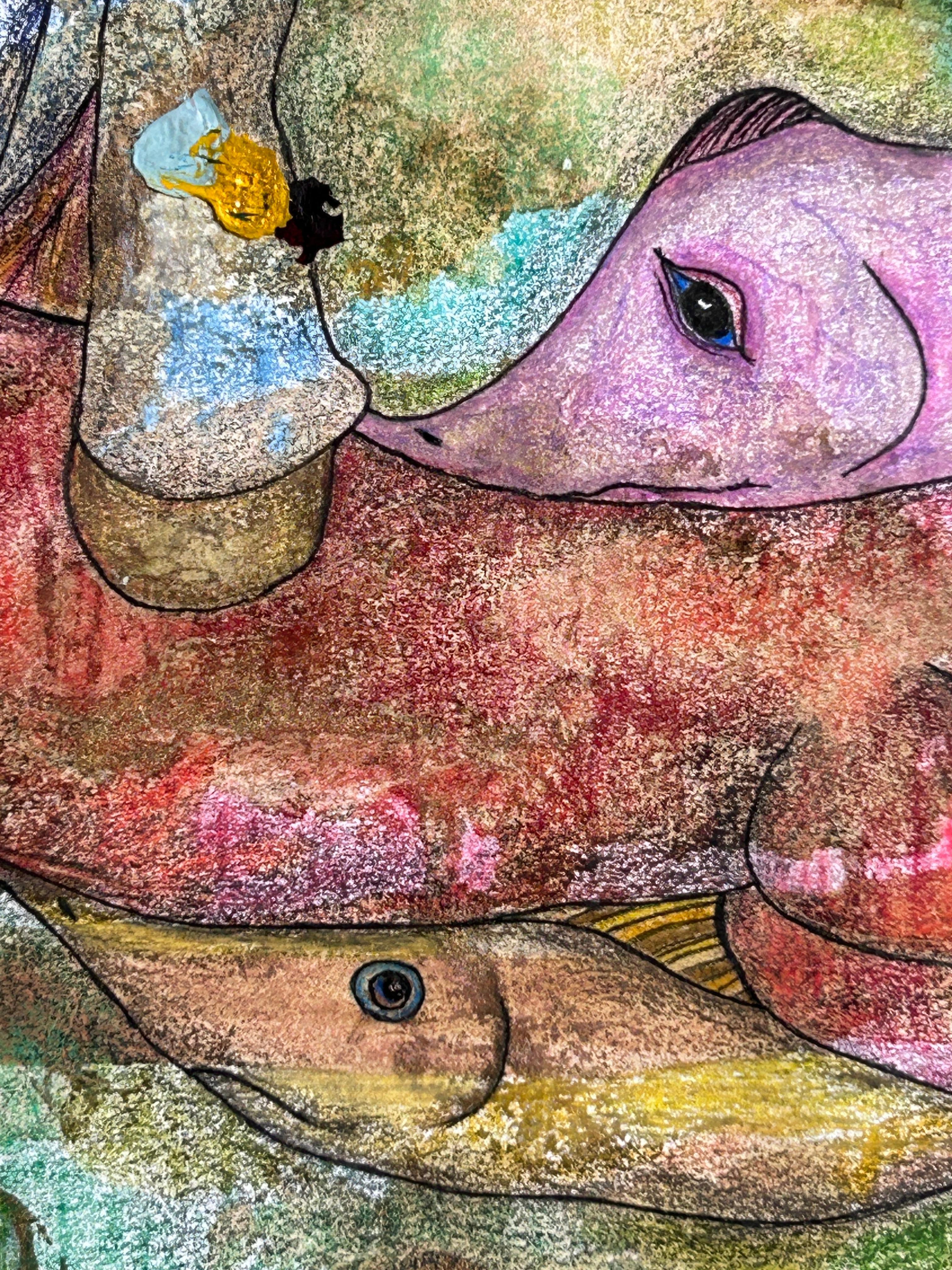 Dessin à l'encre, crayons de couleur et pastel à l'huile sur papier. 