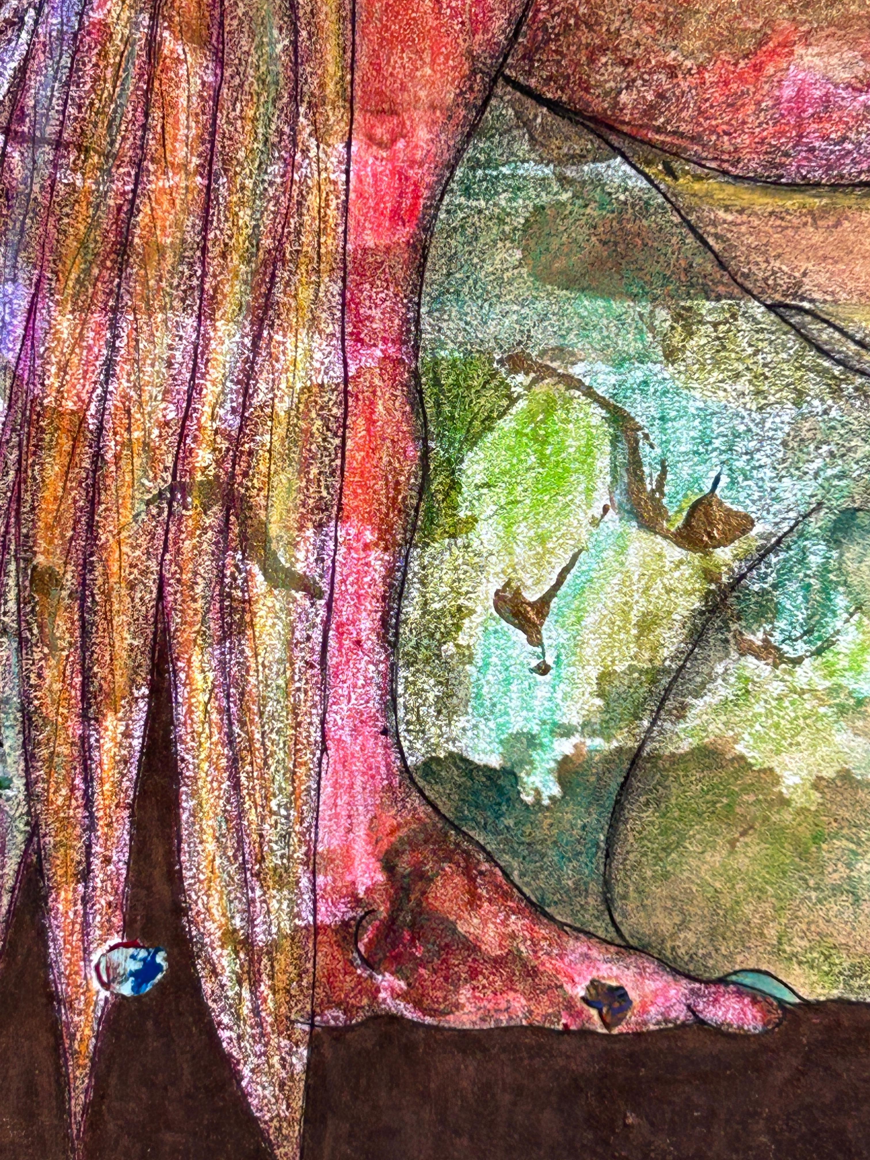 Dessin à l'encre, crayons de couleur et pastel à l'huile sur papier. 