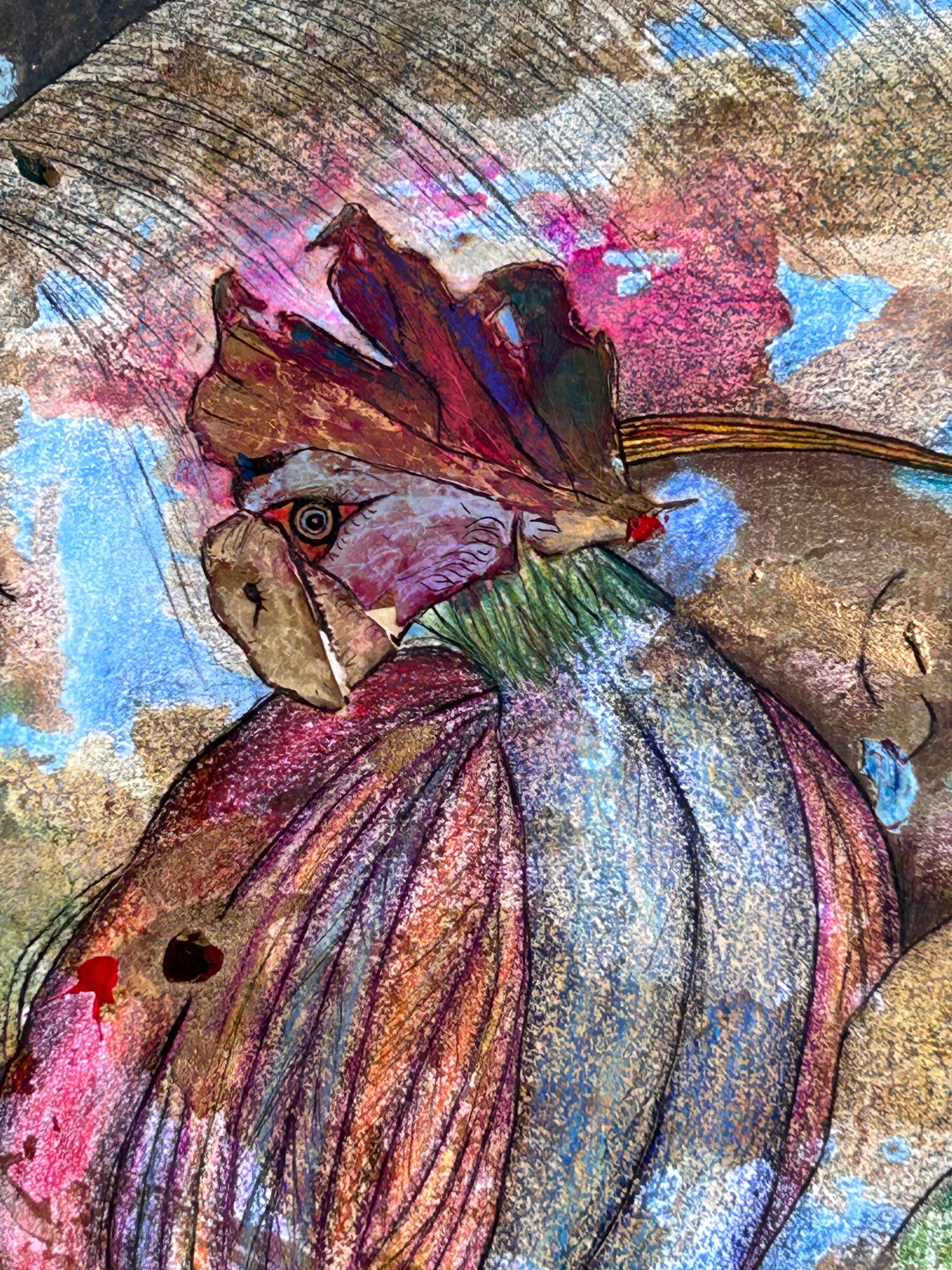 Dessin à l'encre, crayons de couleur et pastel à l'huile sur papier. 