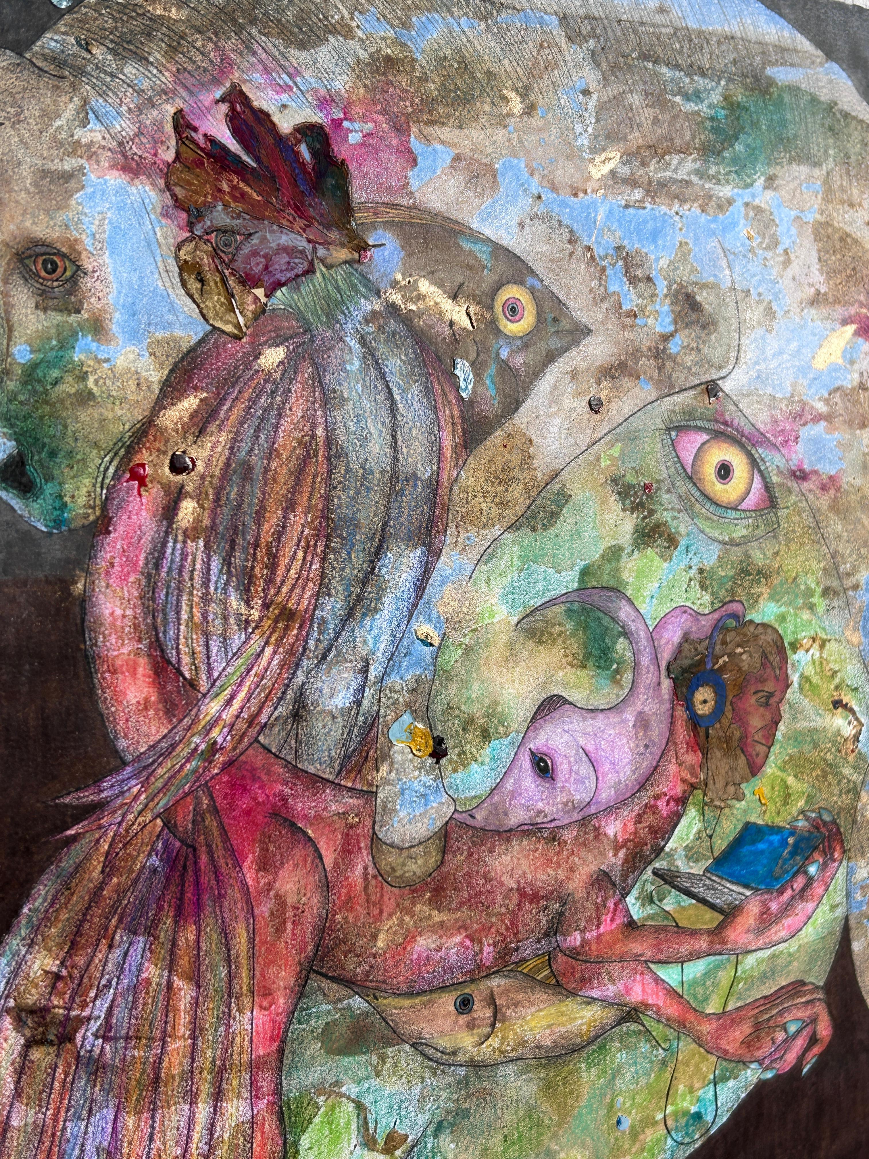 Dessin à l'encre, crayons de couleur et pastel à l'huile sur papier. 