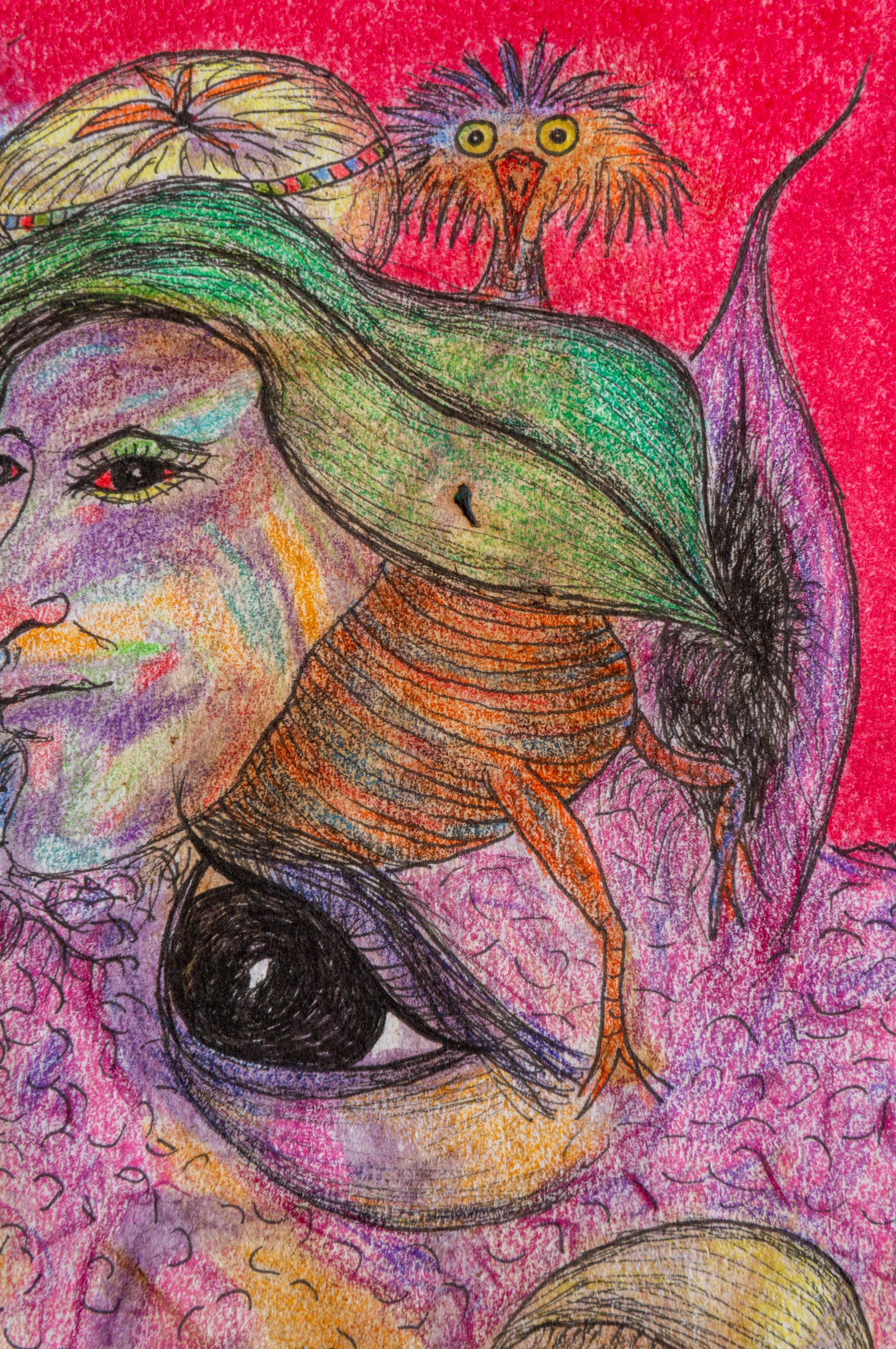 Drawing on Paper Colored Pencils and Pastel on Fuchsia. 