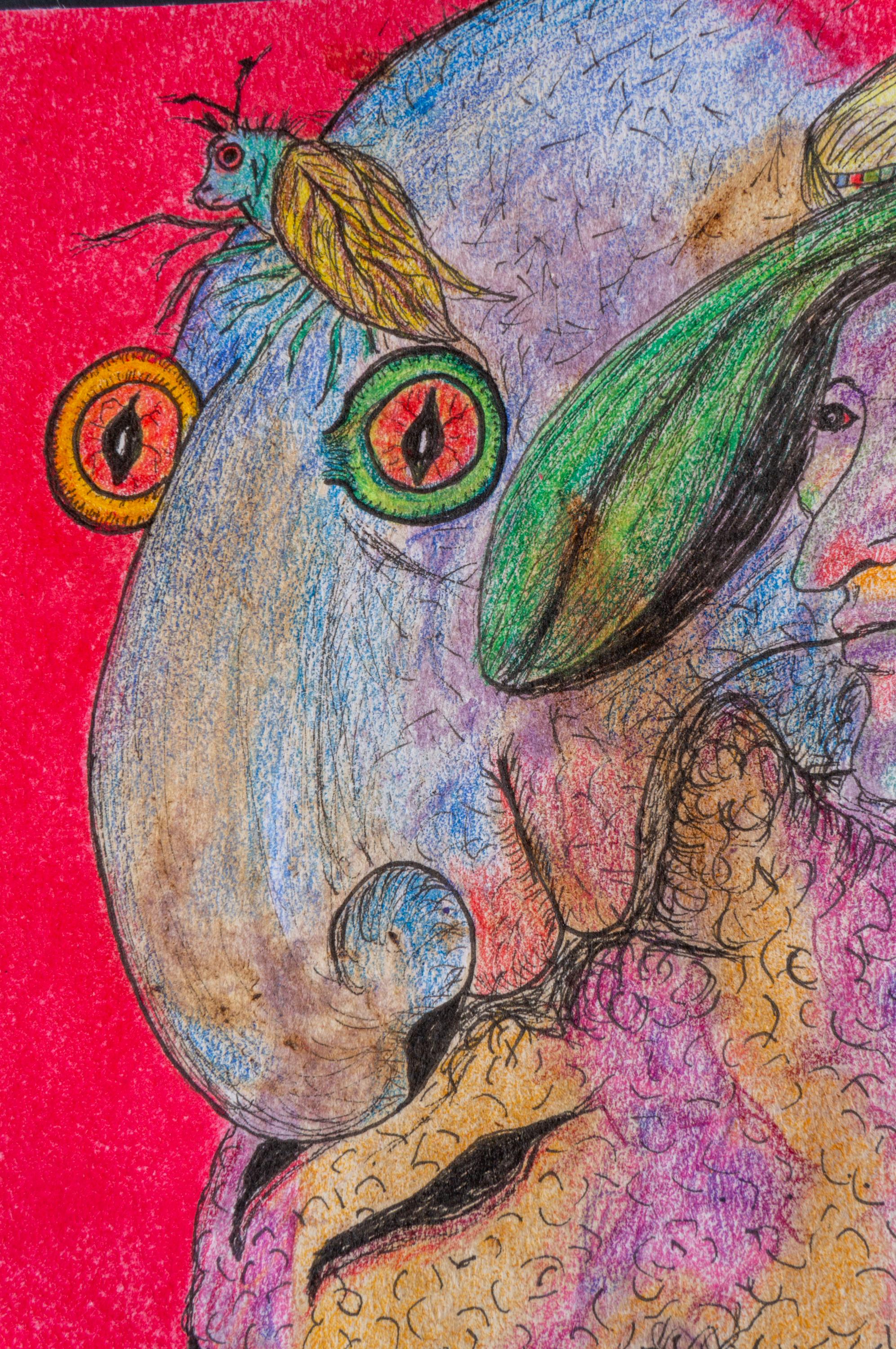 Drawing on Paper Colored Pencils and Pastel on Fuchsia. 