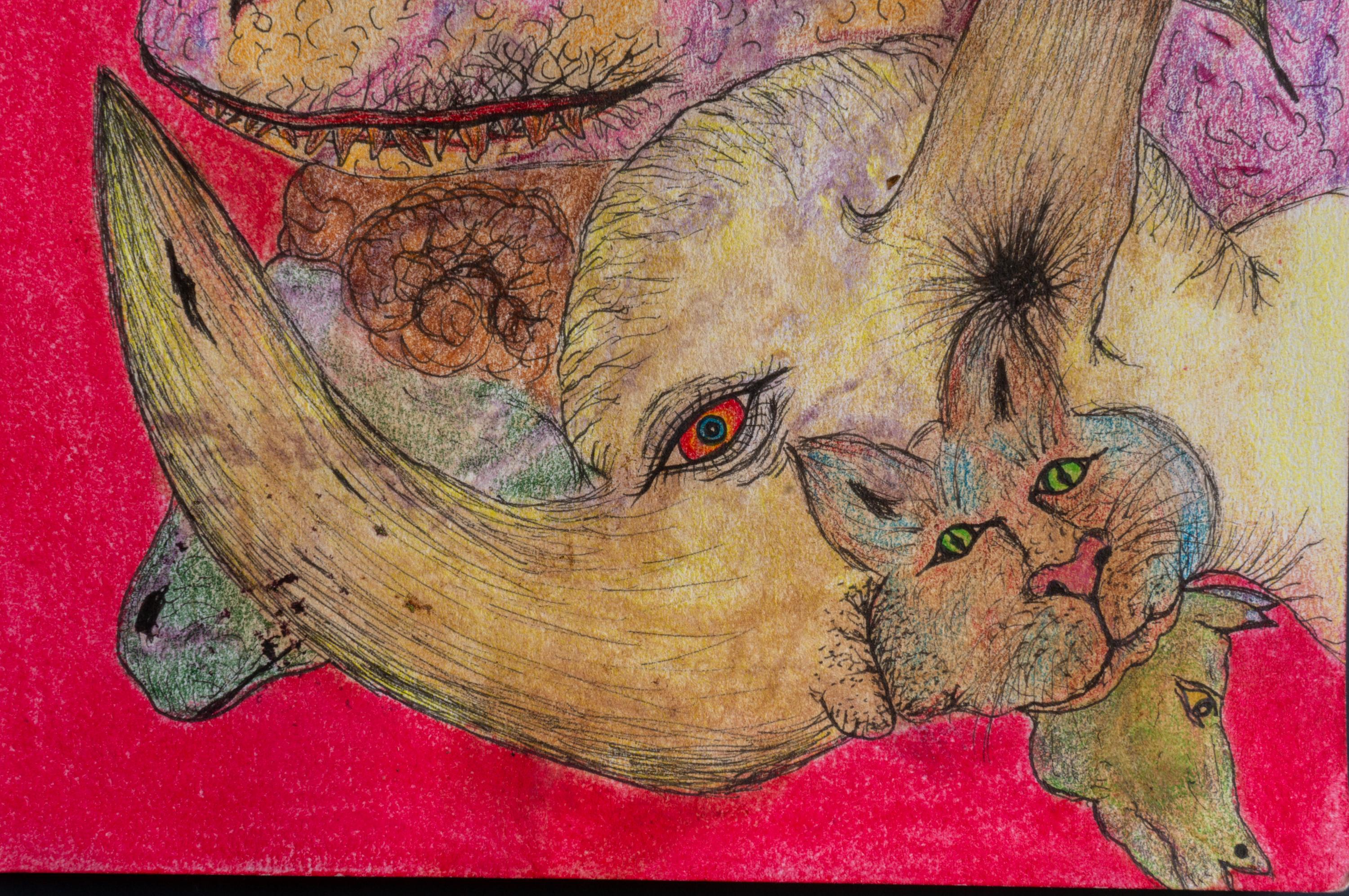 Drawing on Paper Colored Pencils and Pastel on Fuchsia. 