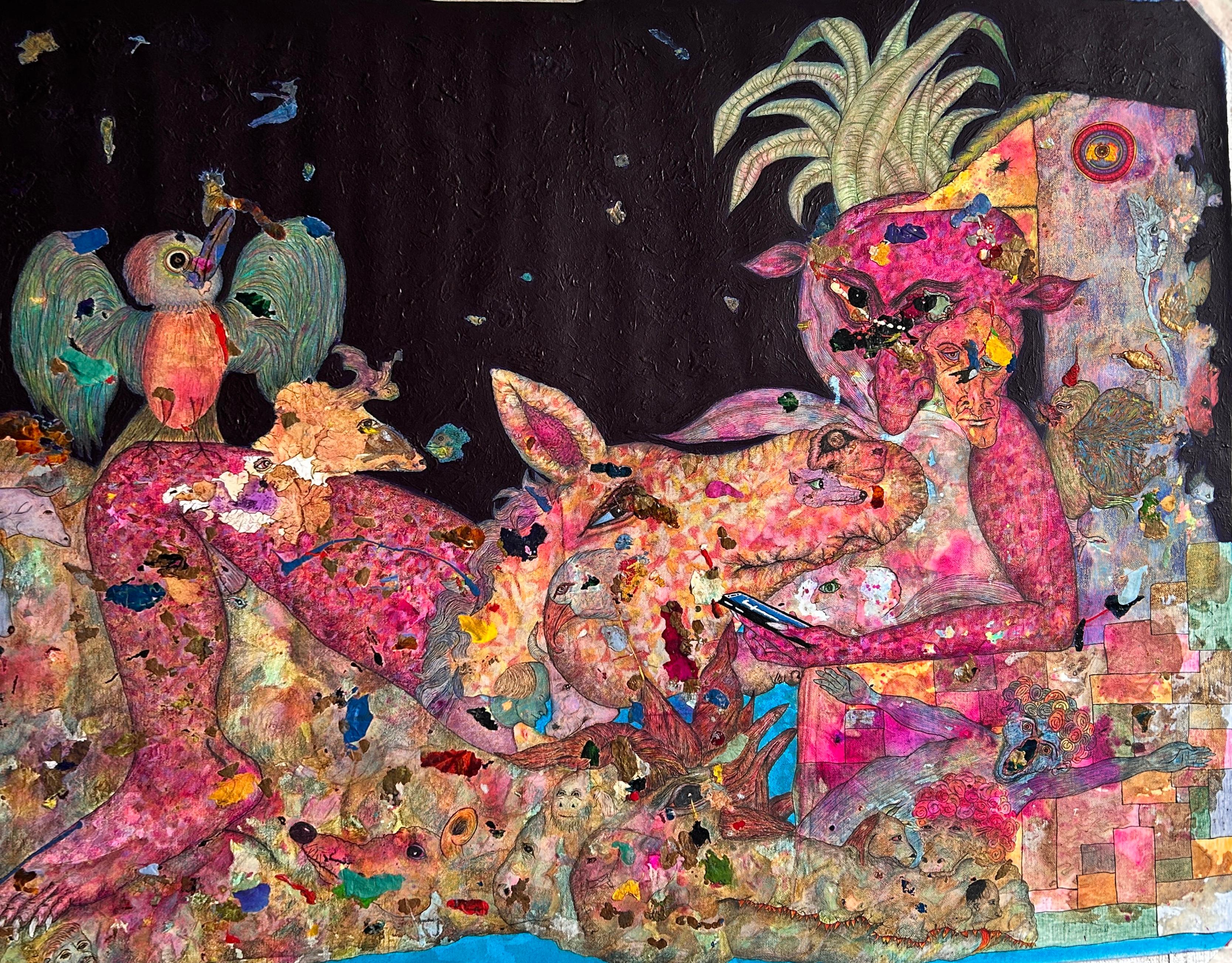 L'essentiel du dessin mixte, acrylique et encre sur papier, 50x72 cm