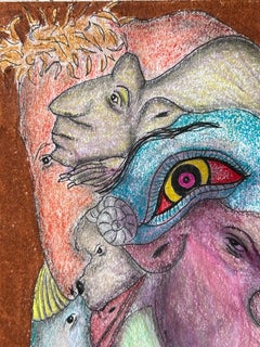 Dessin surréaliste "Harmonie" au pastel à l'huile et au crayon de couleur sur papier