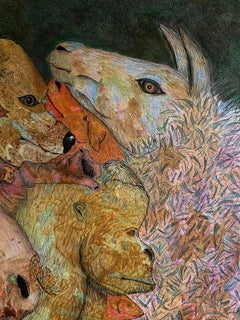 « Qui sommes-nous ? » Dessin figuratif au crayon de couleur et à l'encre, 100 x 70 cm