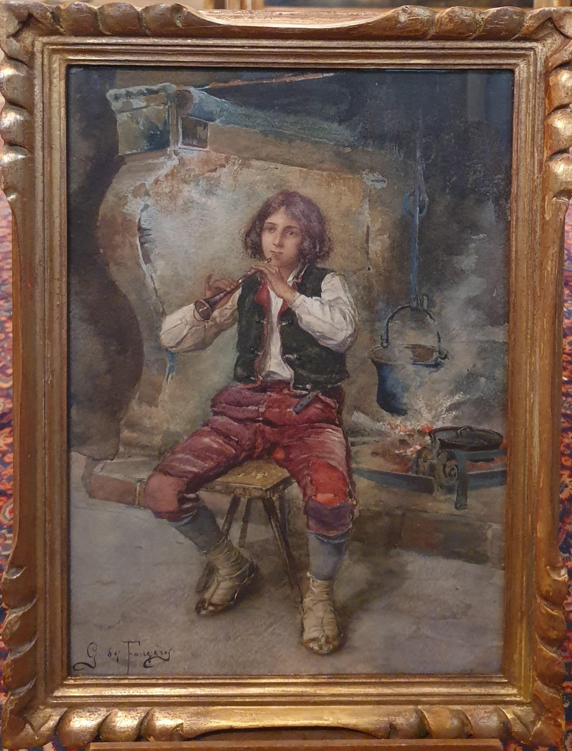 Unknown Figurative Art - Watercolor French 19th signed DES FOUGERES Italian boy flute player Pifferaro