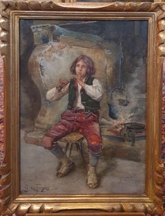 Watercolor French 19th signed DES FOUGERES Italian boy flute player Pifferaro