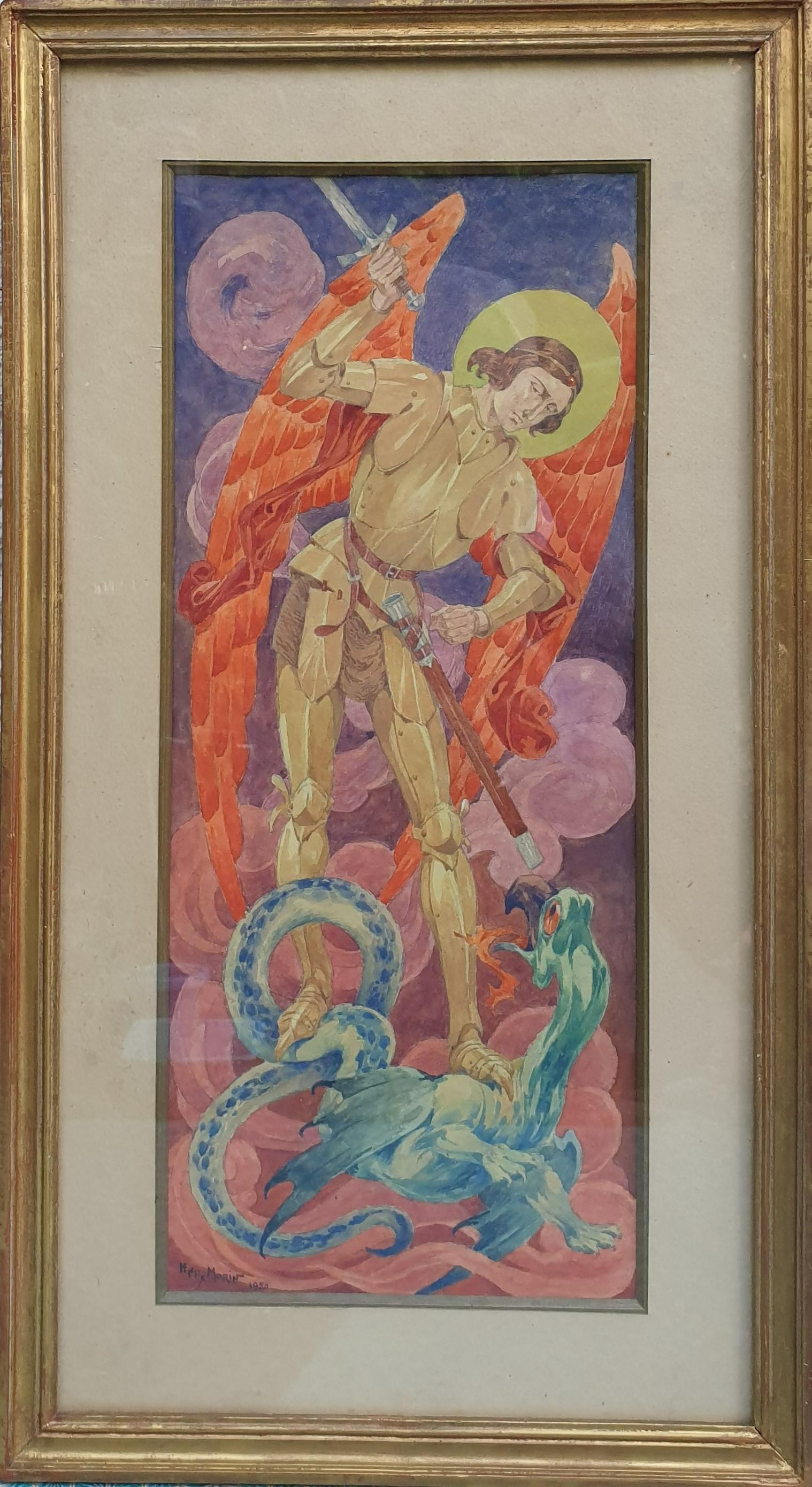 Henry MORIN Figurative Art - Watercolor 20th Decorative French Saint Michael slaying the dragon