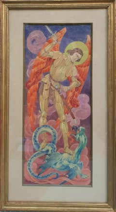 Watercolor 20th Decorative French Saint Michael slaying the dragon