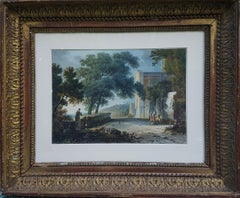 Watercolor French neo-classical 19th century Monastery monks Italy near Vesuvio