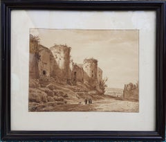 Drawing lavis french romantic 19th Castle Falaise Normandy William the Conqueror