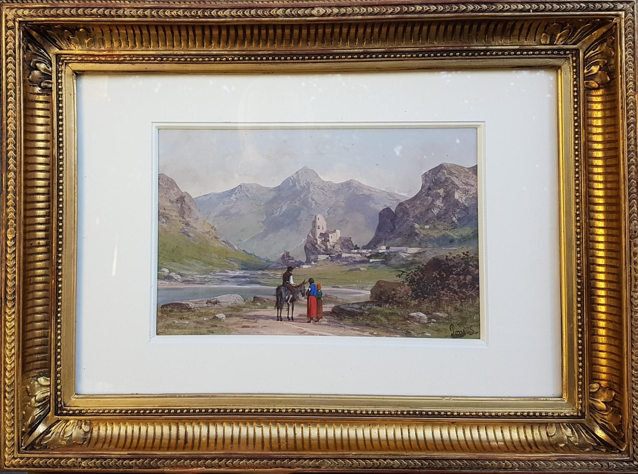 Gouache 19th or 20th Landscape French painting castle ruins Pyrénées in France
