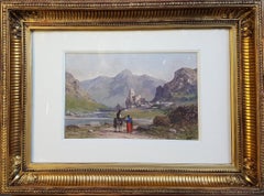 Antique Gouache 19th or 20th Landscape French painting castle ruins Pyrénées in France