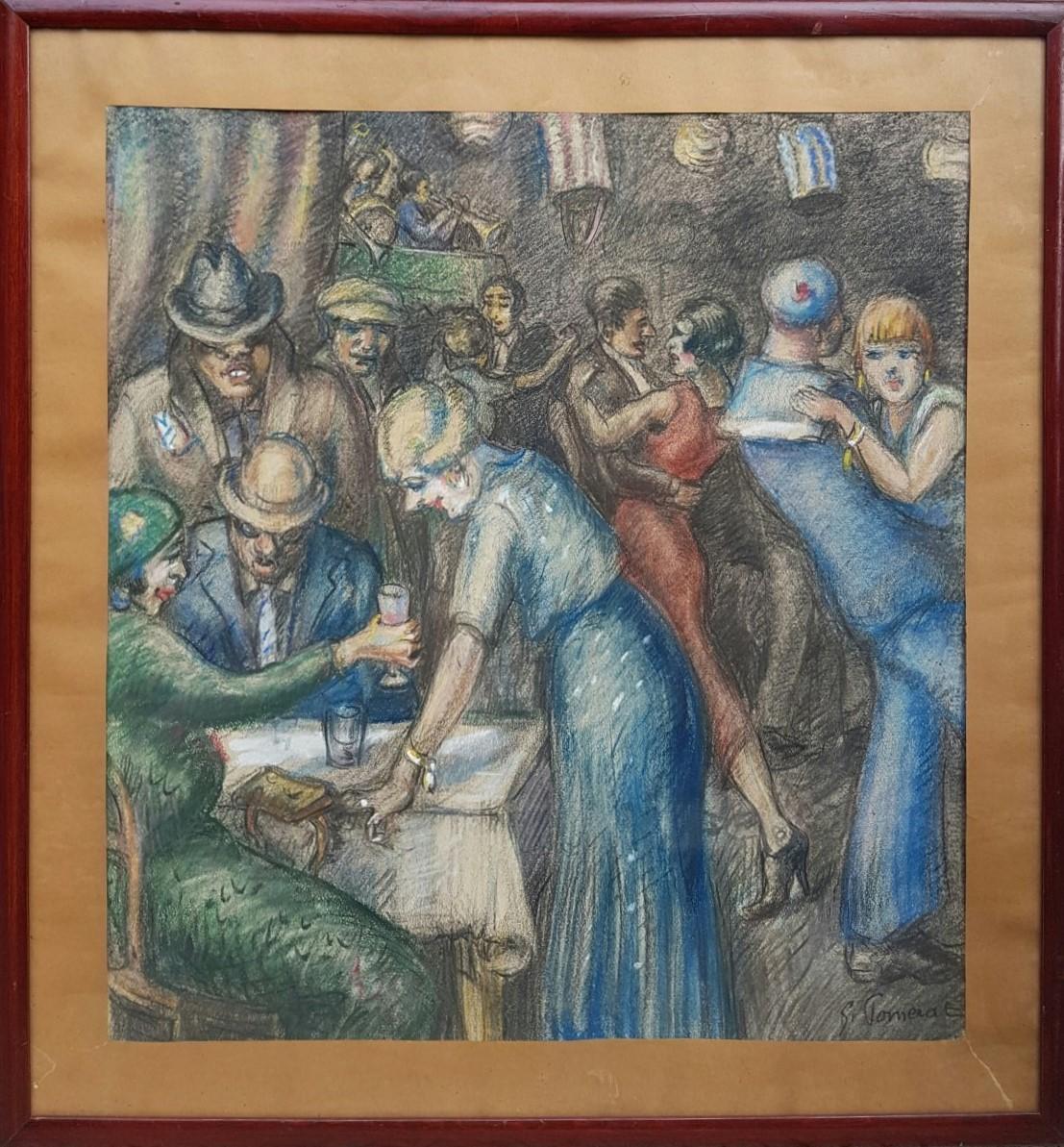 POMERAT French pastel 1920s 20th Expressionnist A cabaret in Marseille 1920