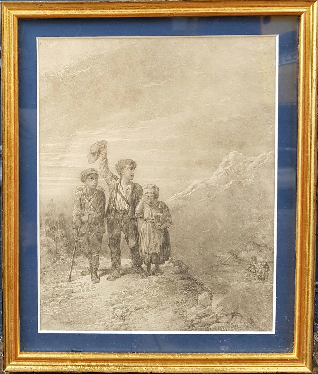 Jules LAURENS Figurative Art - LAURENS French romantic Drawing 19th century pencil Departure children mountain