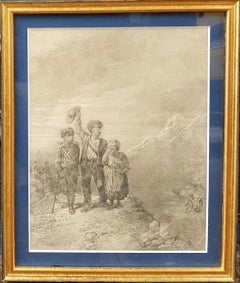 LAURENS French romantic Drawing 19th century pencil Departure children mountain