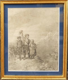 LAURENS Dessin romantique français 19ème siècle crayon Départ enfants montagne