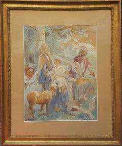 Religious Painting Holy family Joseph Jesus child Pastel Gouache 20th French