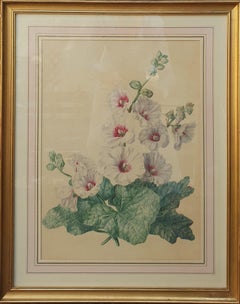 Antique Watercolor 19th French school flowers hollyhocks large Academic