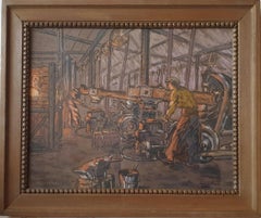 LOUVET Pastell Schwarz-Schmiede Interieur Fabrik Schmiede Industrie Französisch Angers 20.