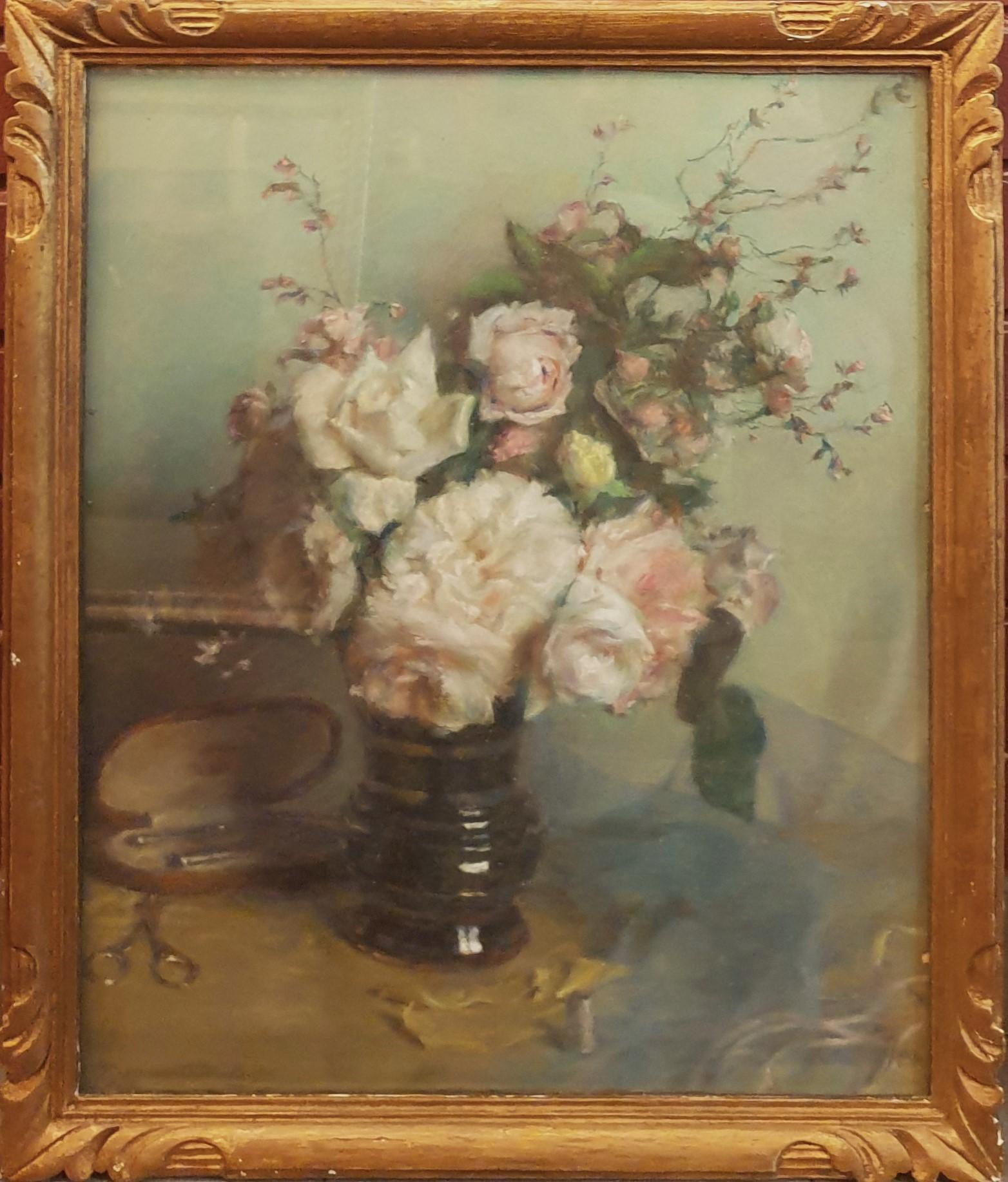 Unknown Still-Life - French school 20th pastel flowers white roses sewing kit illegible signature