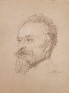 Antique French academic drawing Pencil portrait man bust 19th 