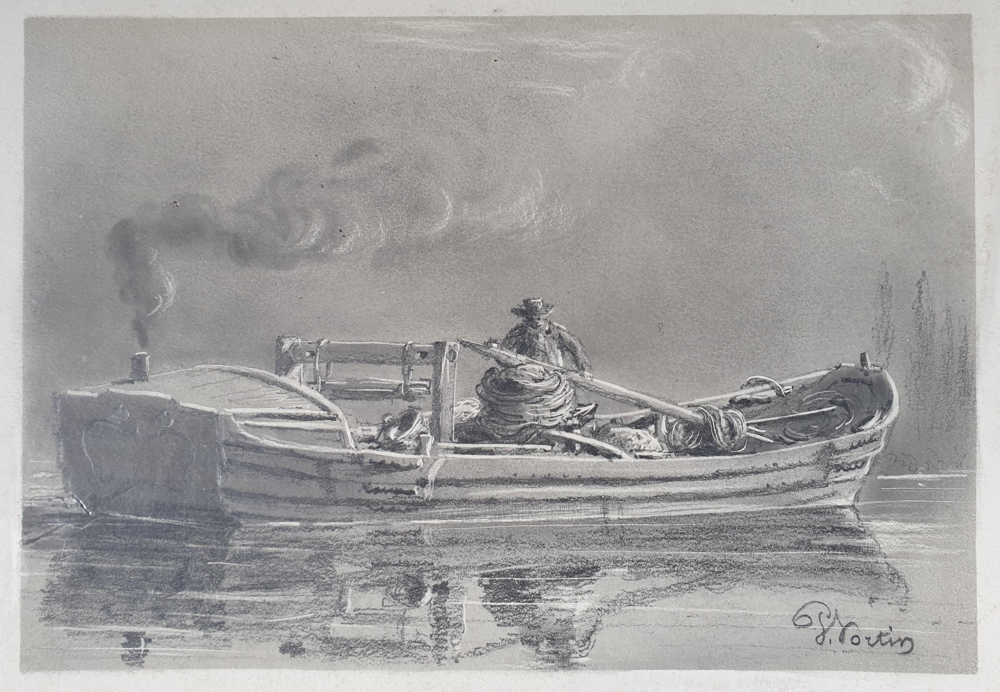 Charles HORTIN Figurative Art - French romantic school Drawing black chalk and goiache HORTIN steam boat 19th