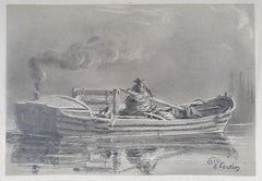 École romantique française dessinant des dessins en craie noire et goiache HORTIN bateau à vapeur 19e