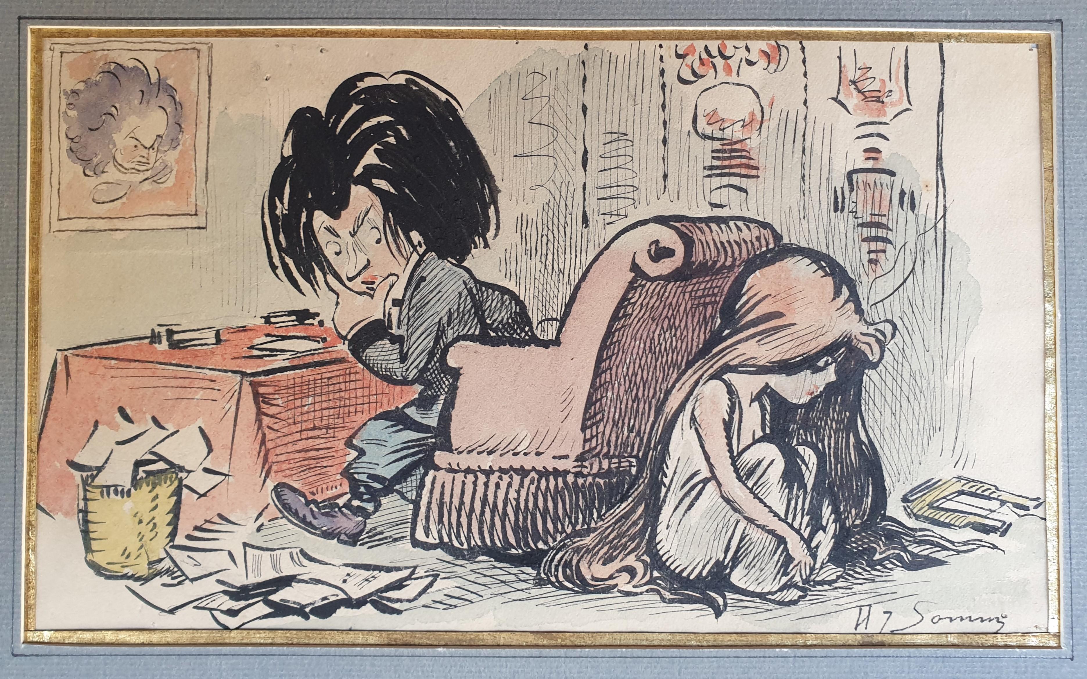 Henri SOMM
Rouen, 1844 - Paris, 1907
Pen and watercolor
14 x 23 cm (22 x 28 cm with the frame)
Signed lower right "H. Somm"

Caricature of Beethoven writing his famous letter to Elise!

Very good condition.