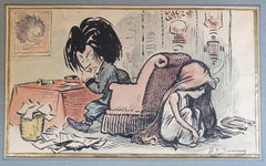 Dessin de caricature Henri SOMM à l'aquarelle et à l'encre, lettre à Elise 19ème