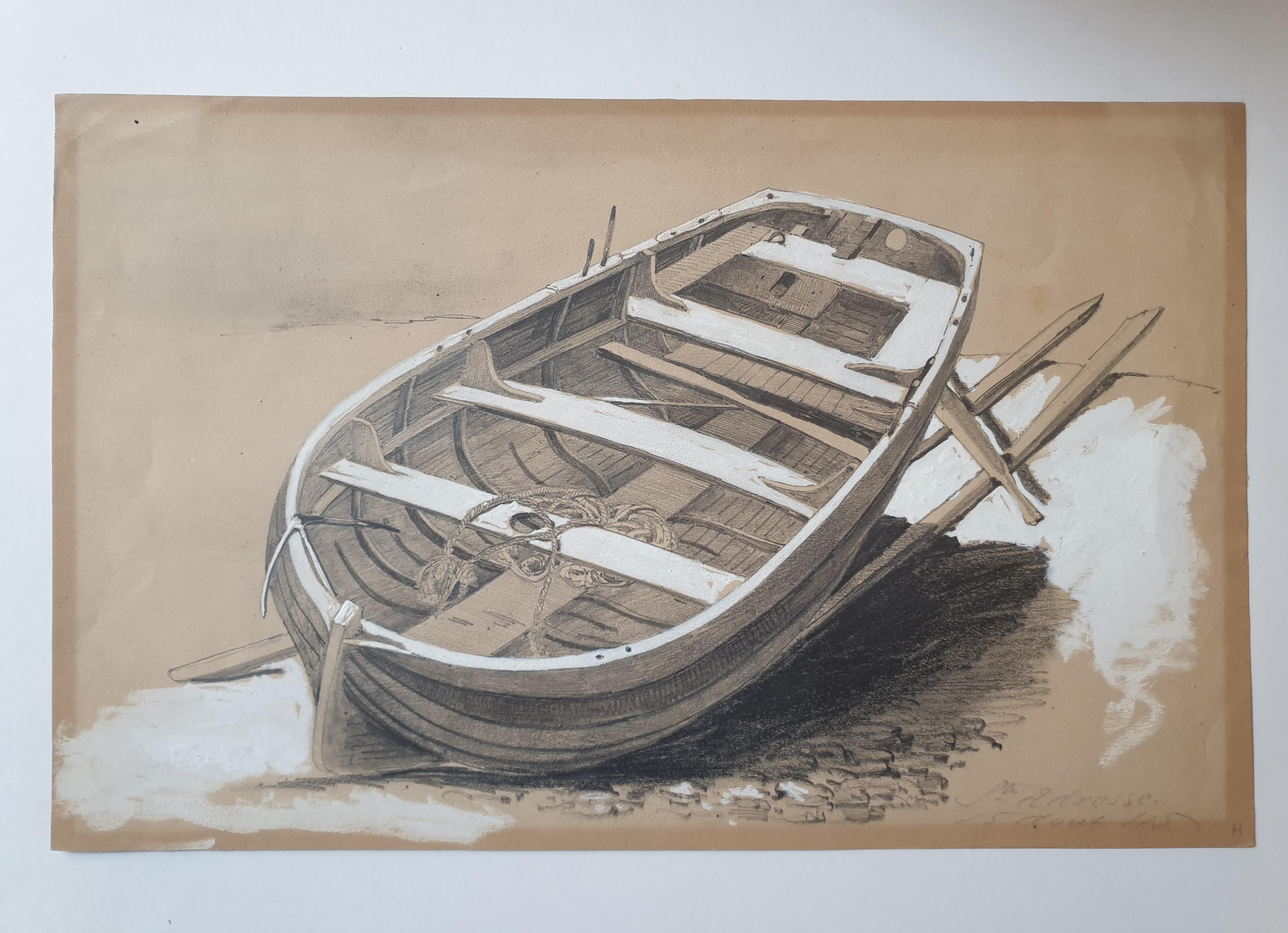 French school Drawing pencil and gouache Study Boat in Normandy 19th Monogram  - Art by Unknown