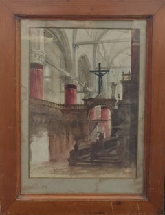 Antique Watercolor Interior Church Santa Maria Gloriosa dei Frari Venice French 19th 