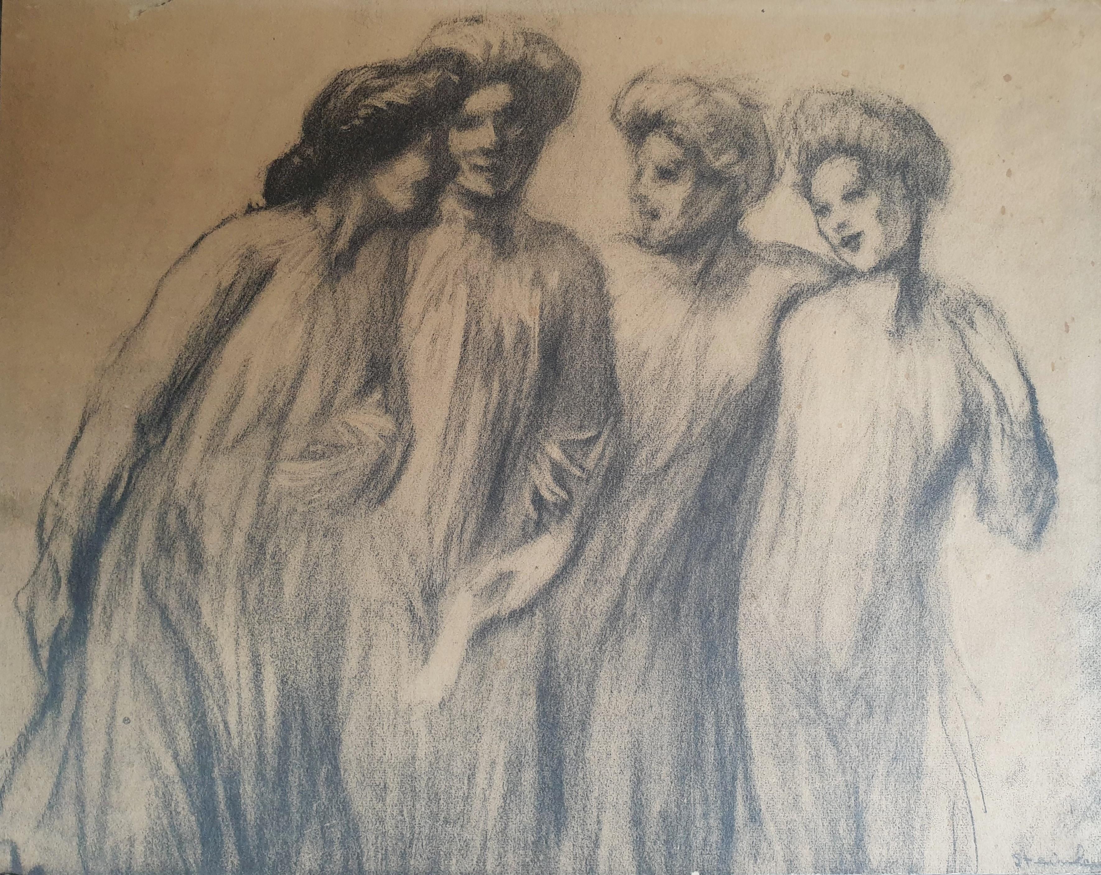 Figurative Art de Théophile Alexandre Steinlen - STEINLEN Dibujo al carboncillo Mujeres paseando por la calle en París Art nouveau 20e