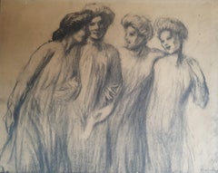 STEINLEN Dessin au fusain Femmes marchant dans la rue à Paris Art nouveau 20e