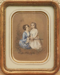 French Romantic Drawing Héloïse LELOIR gouache mother and daughter 19th
