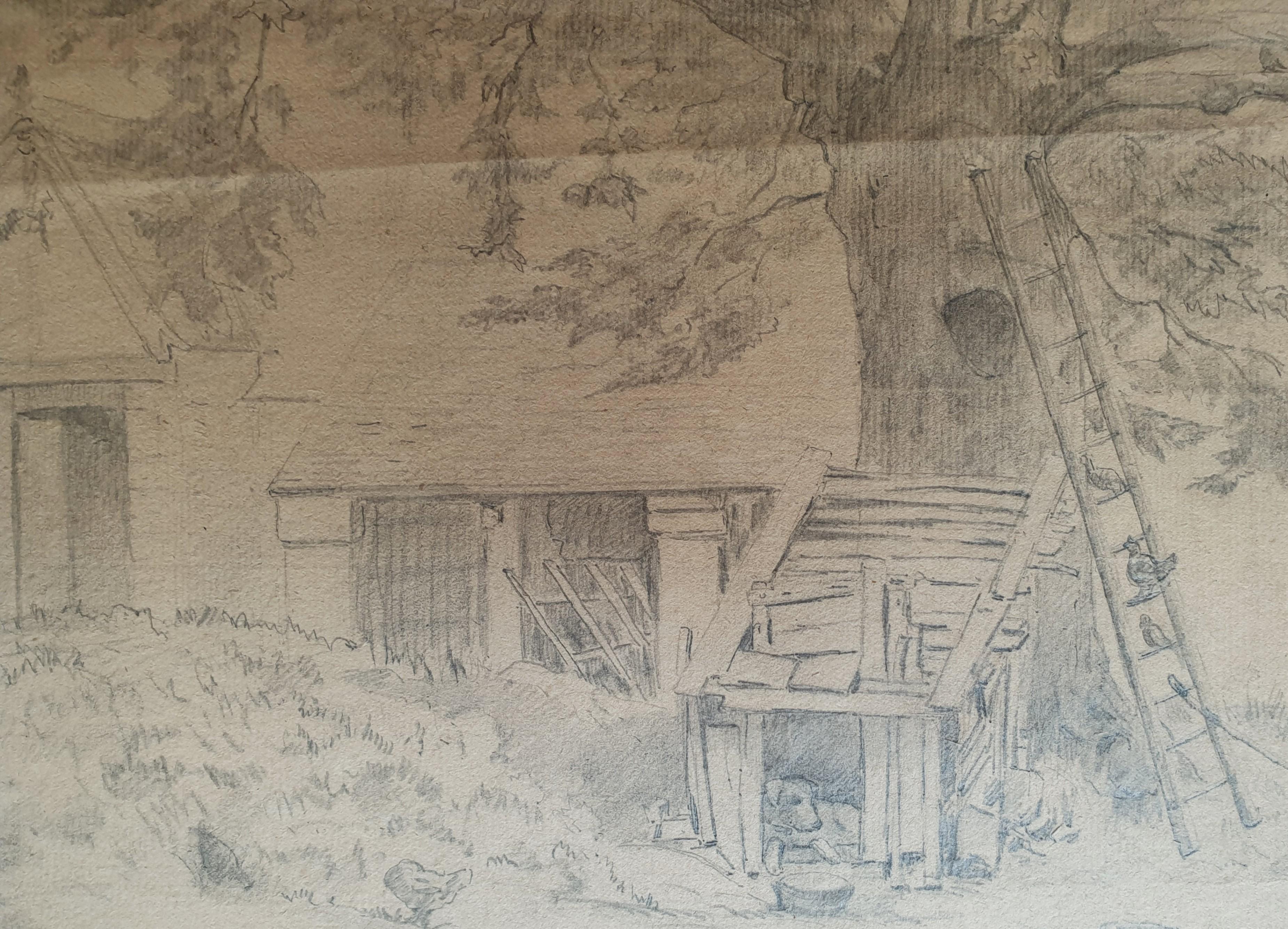 Dibujo a lápiz Escuela francesa Granja del siglo XIX Patio cerca de Barbizon Fontainebleau
