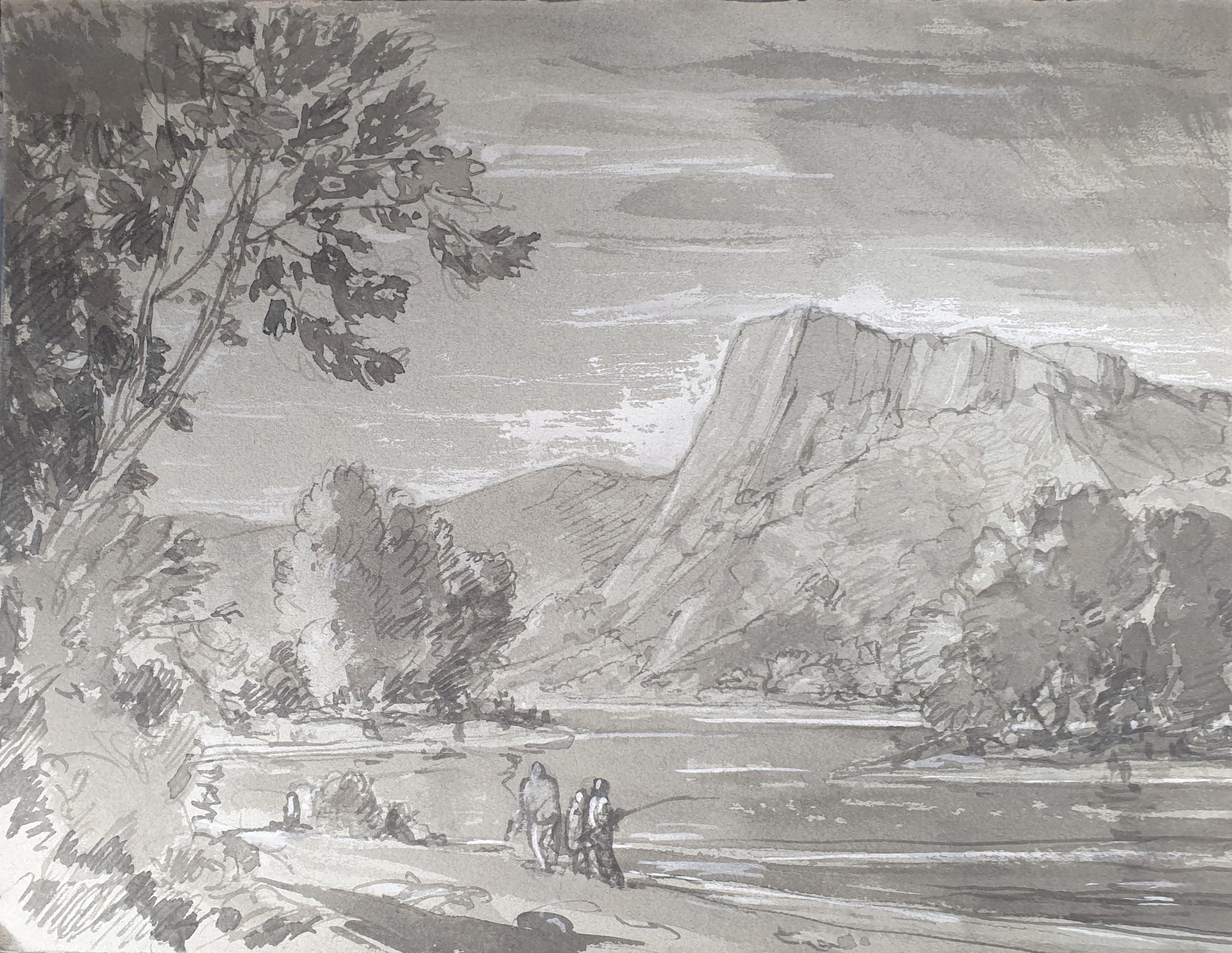 Unknown Landscape Art – Französische Schule 19. Jahrhundert Zeichnung üppiger Landschaft Flussfischer Fischer