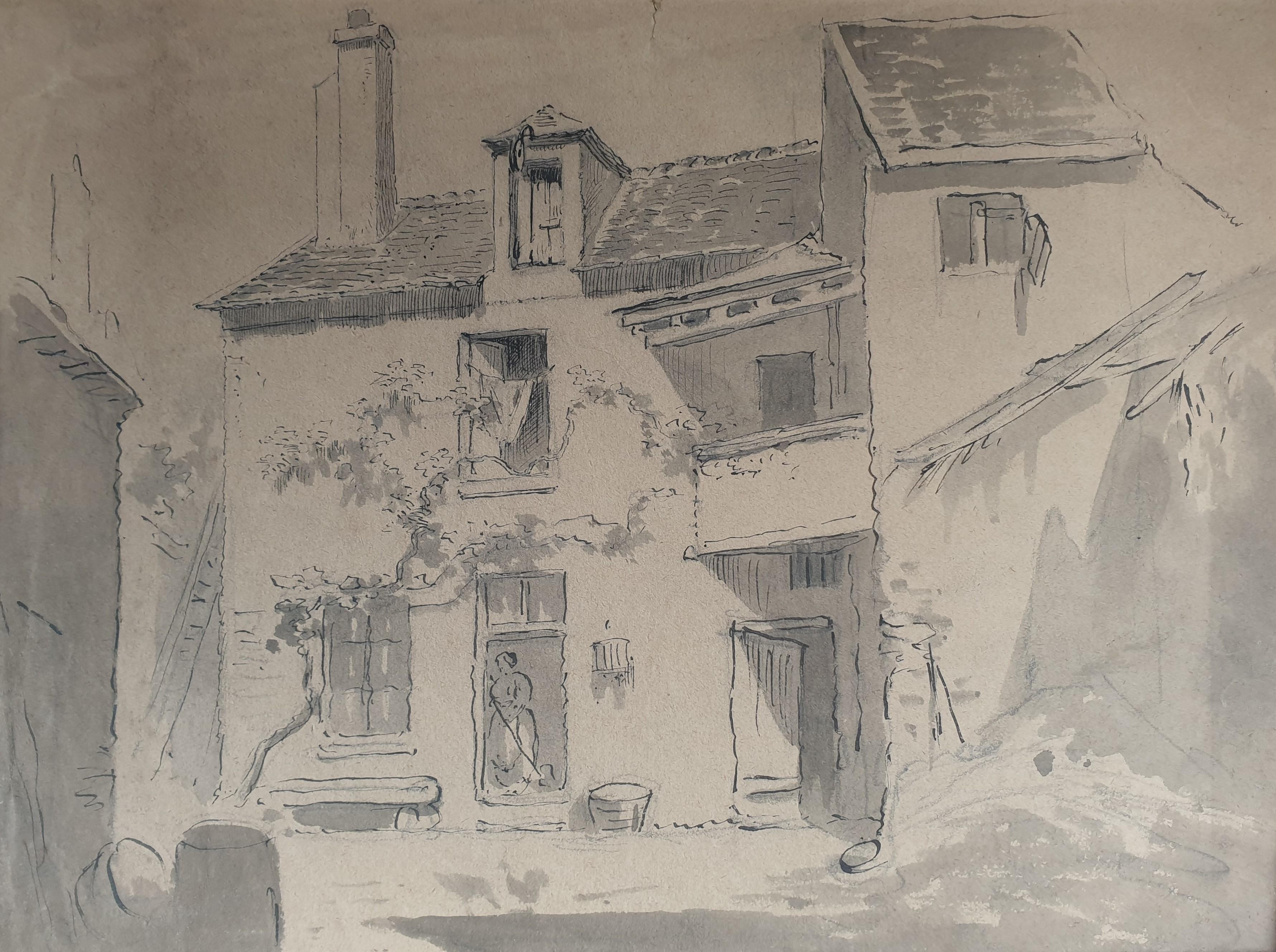 Französische Schule Waschzeichnung Tinte 19. Champigny Val de Marne Frankreich Haus